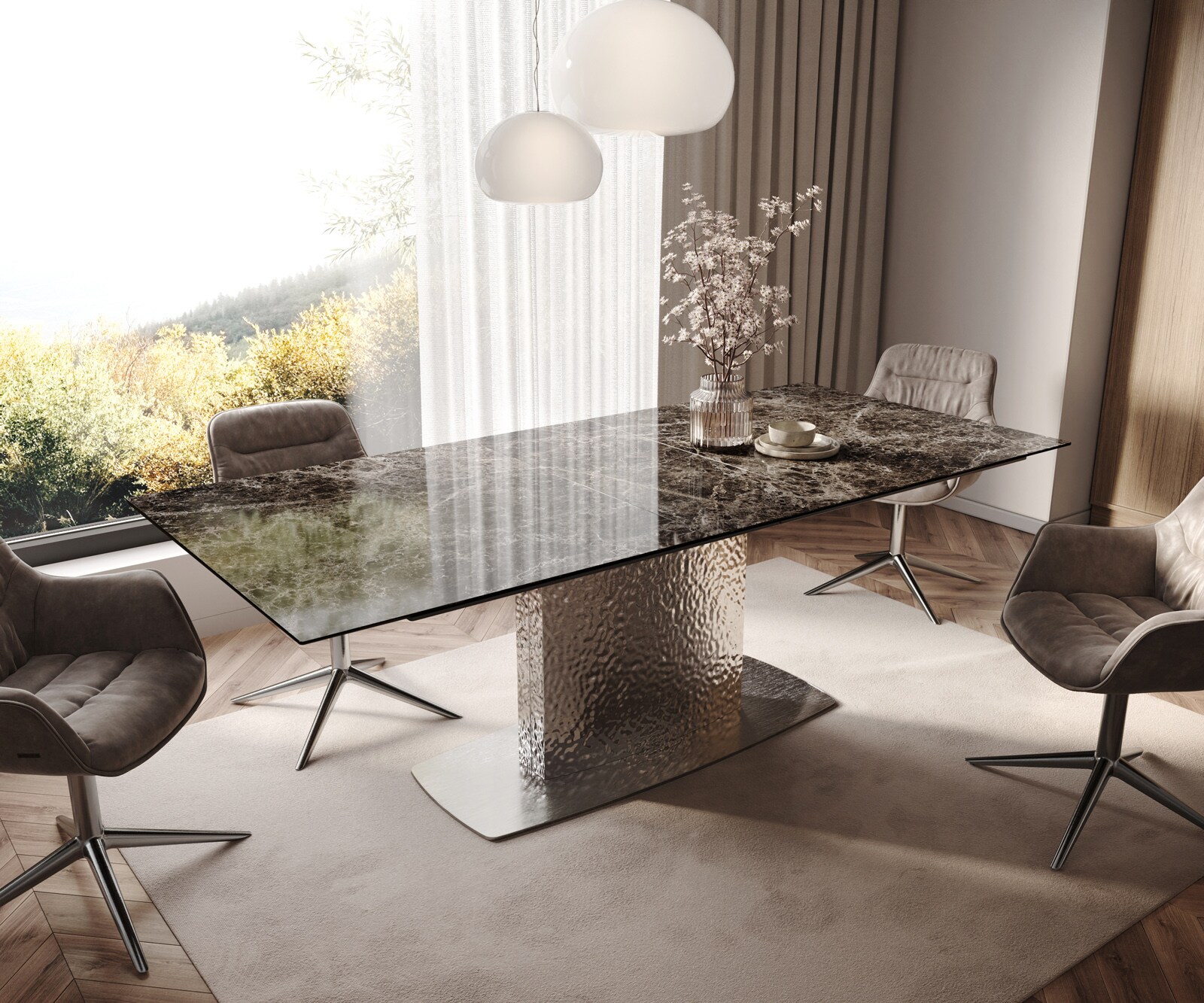 Stół do jadalni Edge 180-220x100cm ceramika Laminam® Emperador Extra Lucidato ciemnobrązowy rama Wave stal nierdzewna rozkładany
