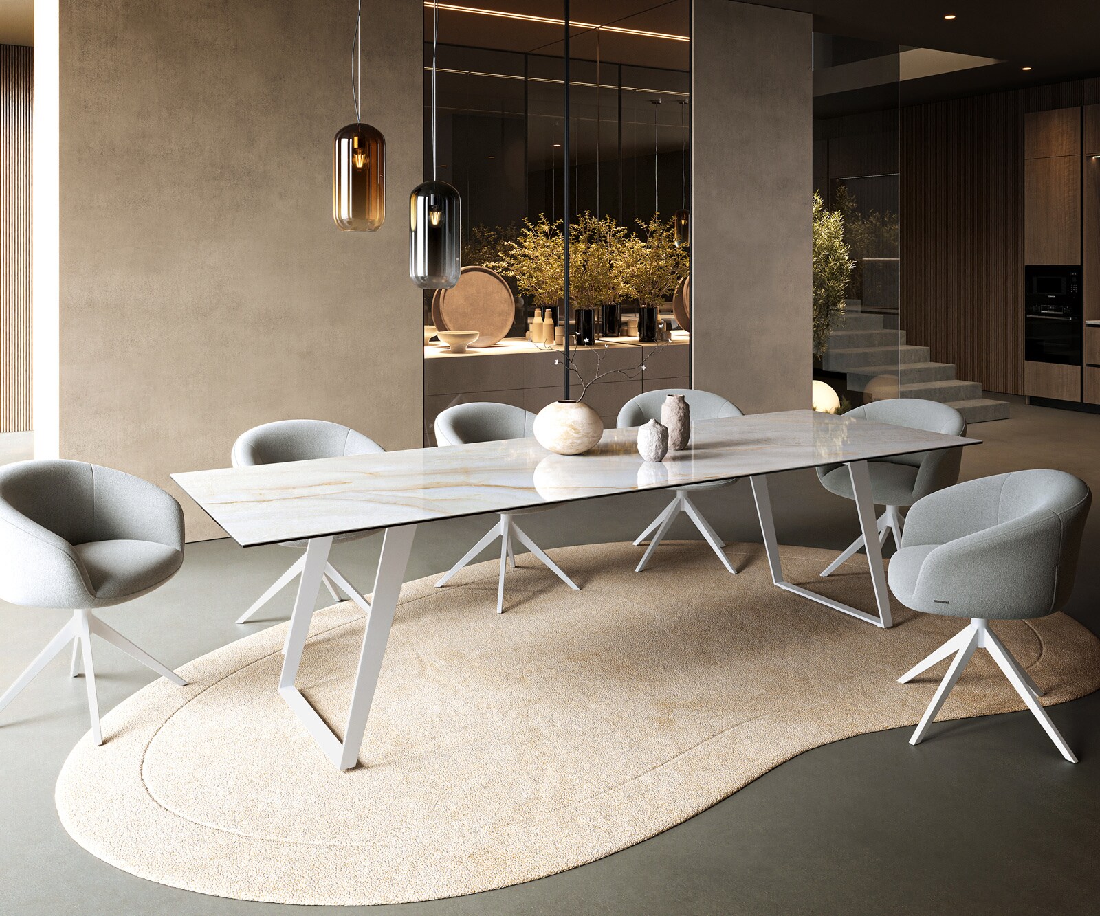 Stół do jadalni Edge 300x100cm ceramika Onyx Pearl metal pochylona rama biała 6