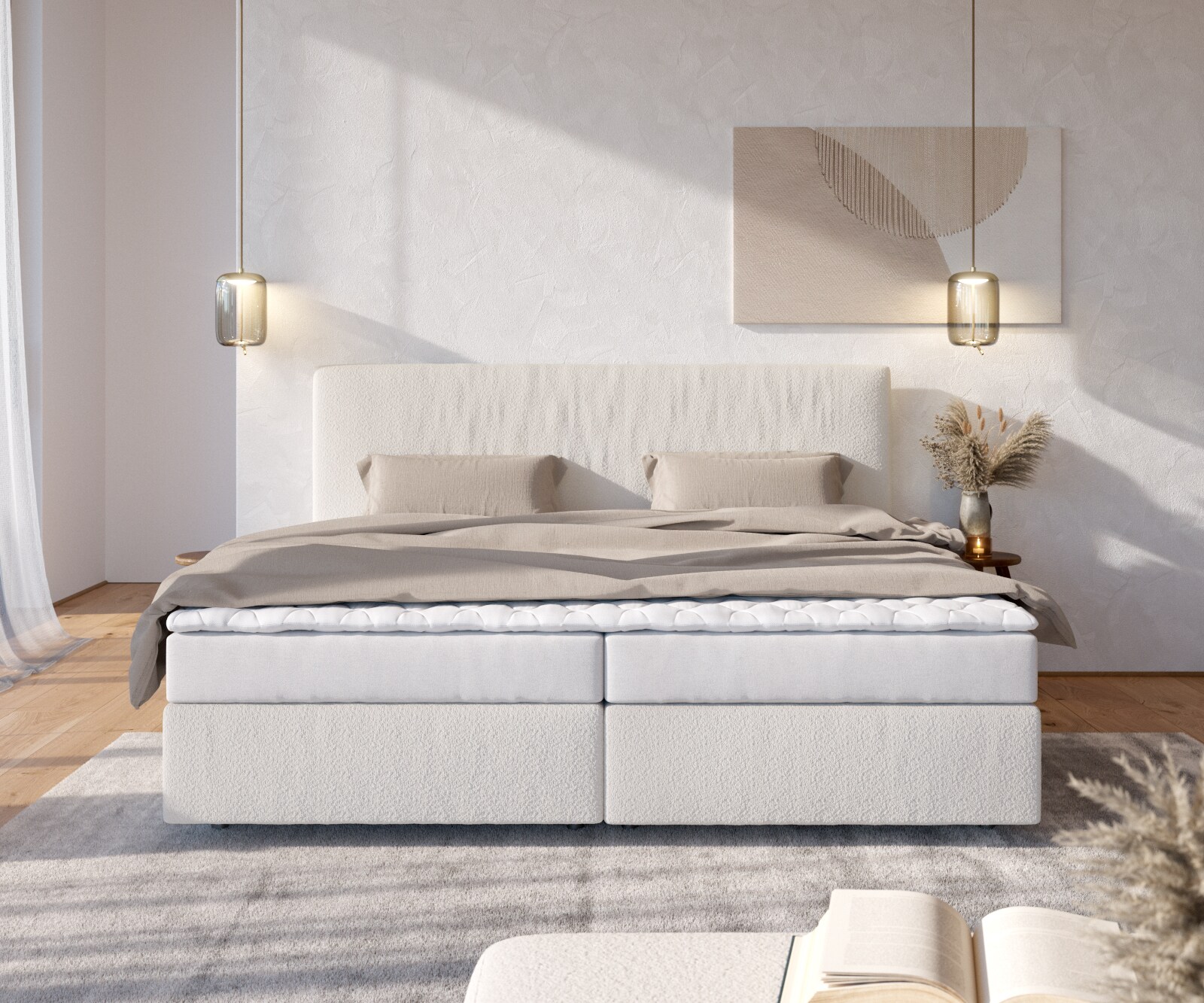 Łóżko kontynentalne Dream-Well bouclé kremowo-biały 200x200cm materac bonellowy topper PU 1