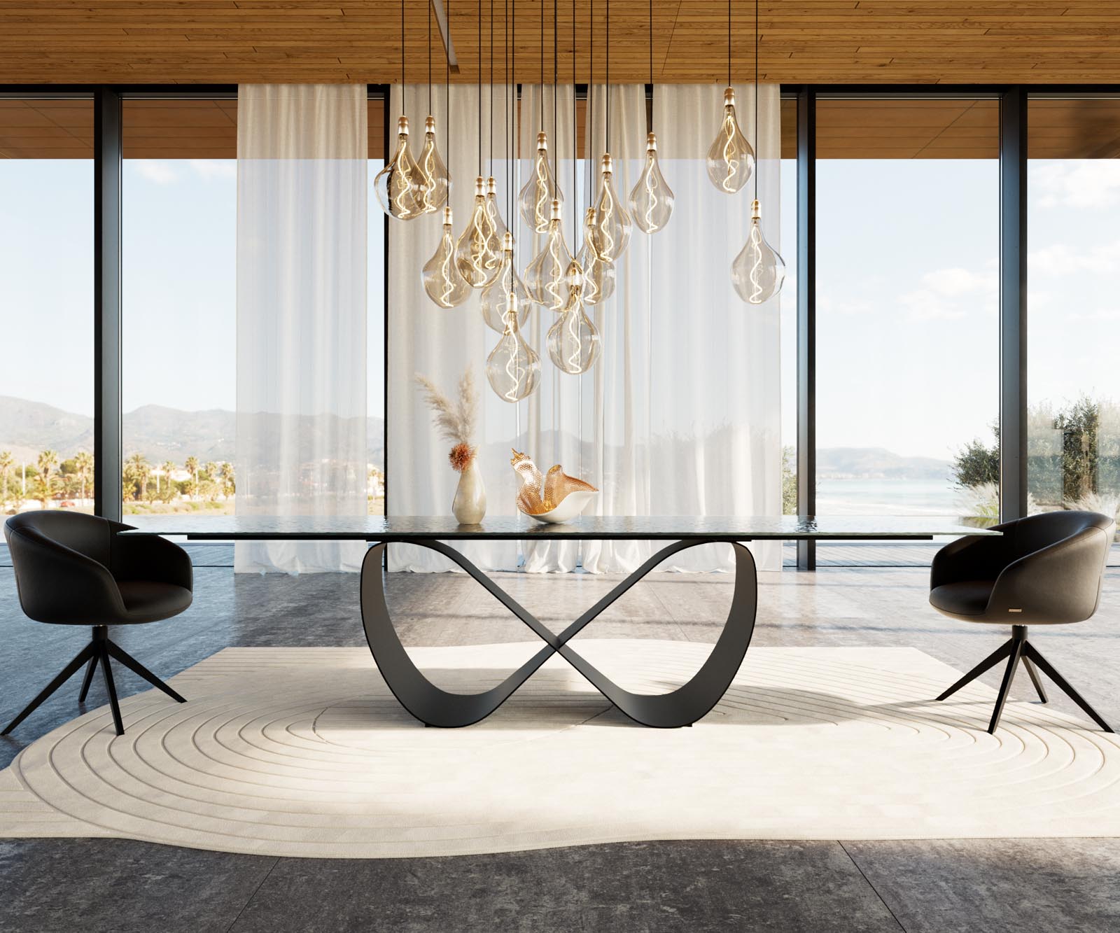 Stół do jadalni Edge 300x100cm szkło reliefowe czarne efekt 3D rama Infinity metal czarny 1