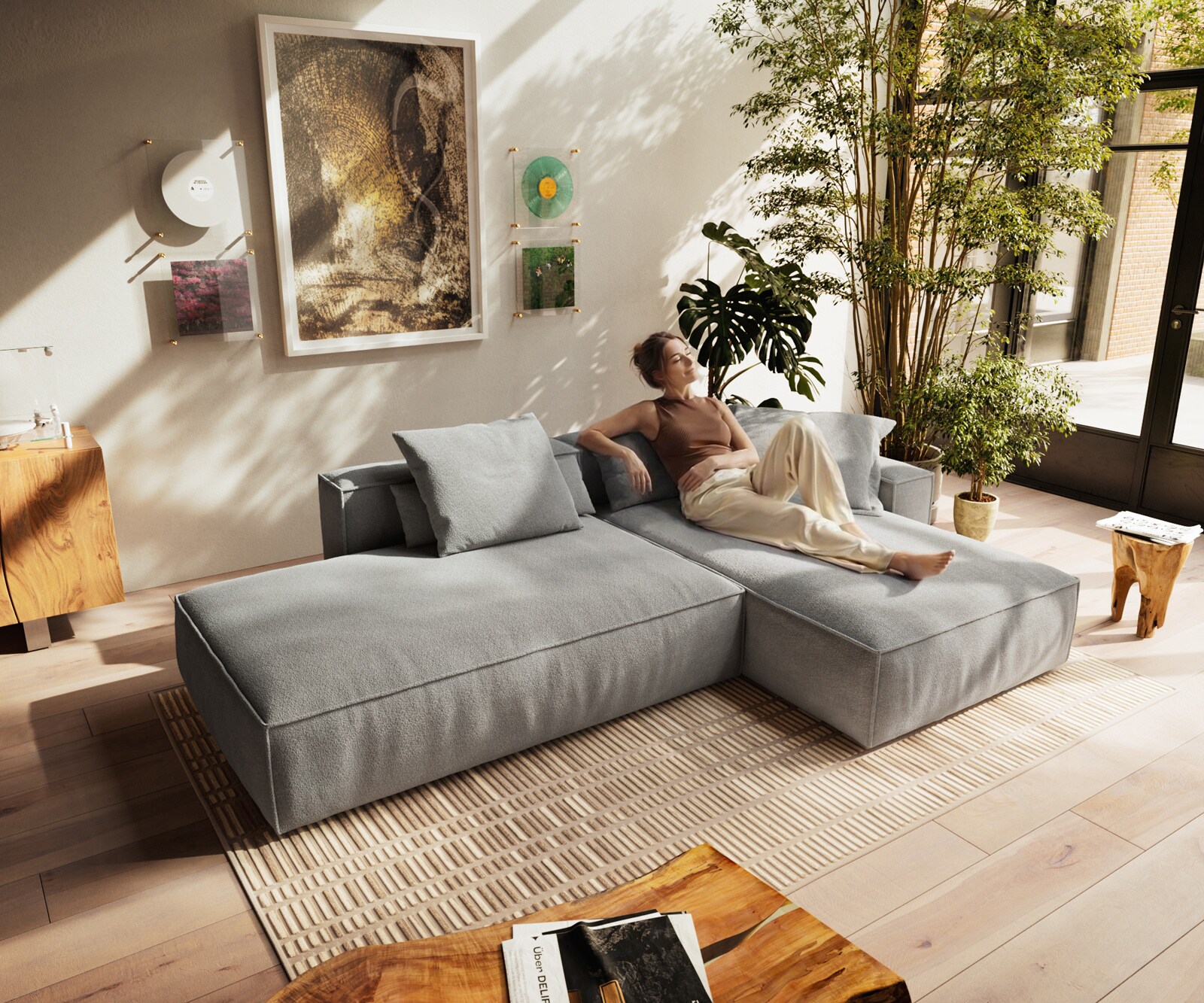 Sofa narożna Freestyle 310x200 cm miękka tkanina strukturalna szara z lamówką 3