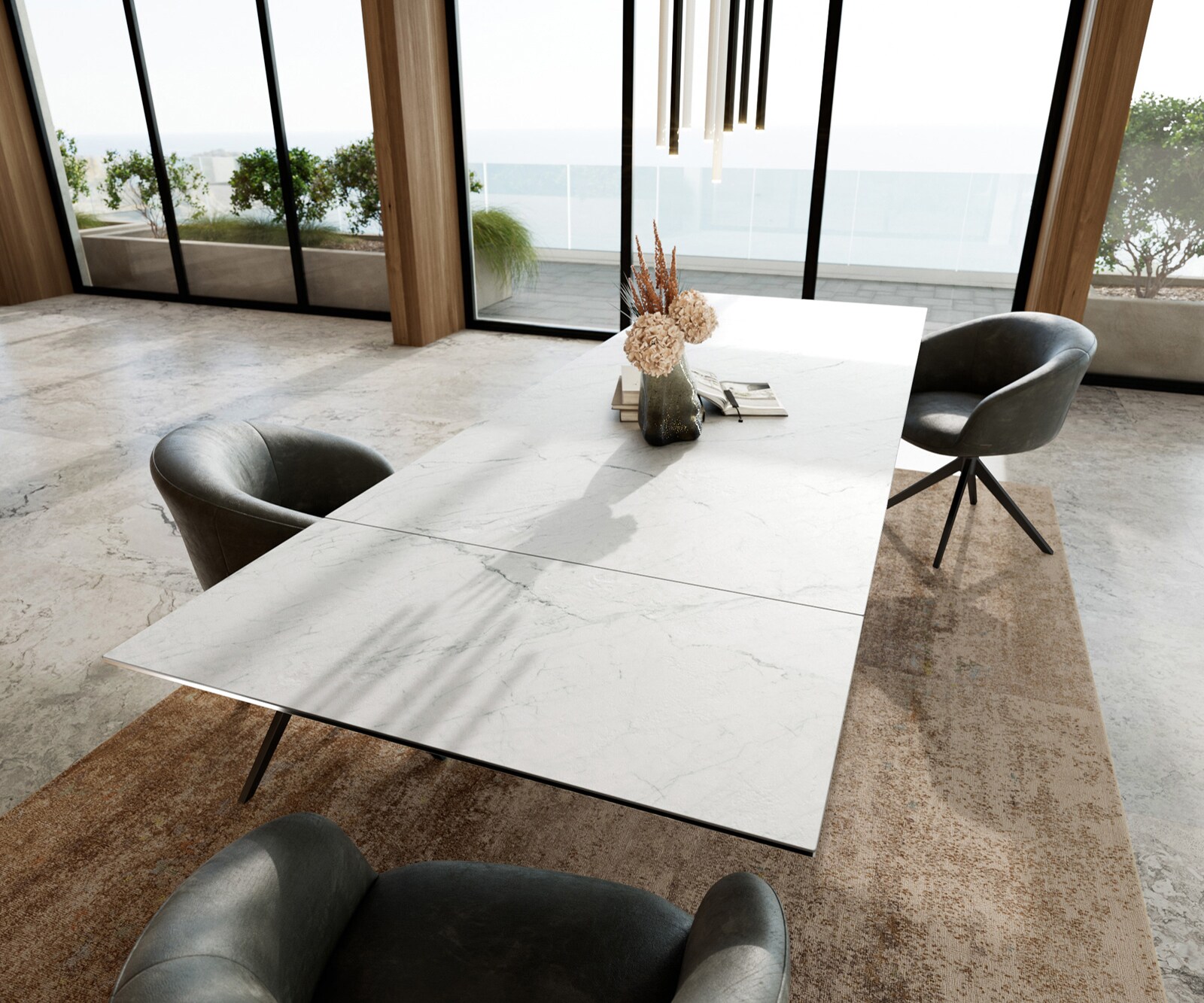 Stół do jadalni Edge 200-300x100 cm ceramika Laminam® Statuarietto biały rama Infinity metal czarny rozkładany 6