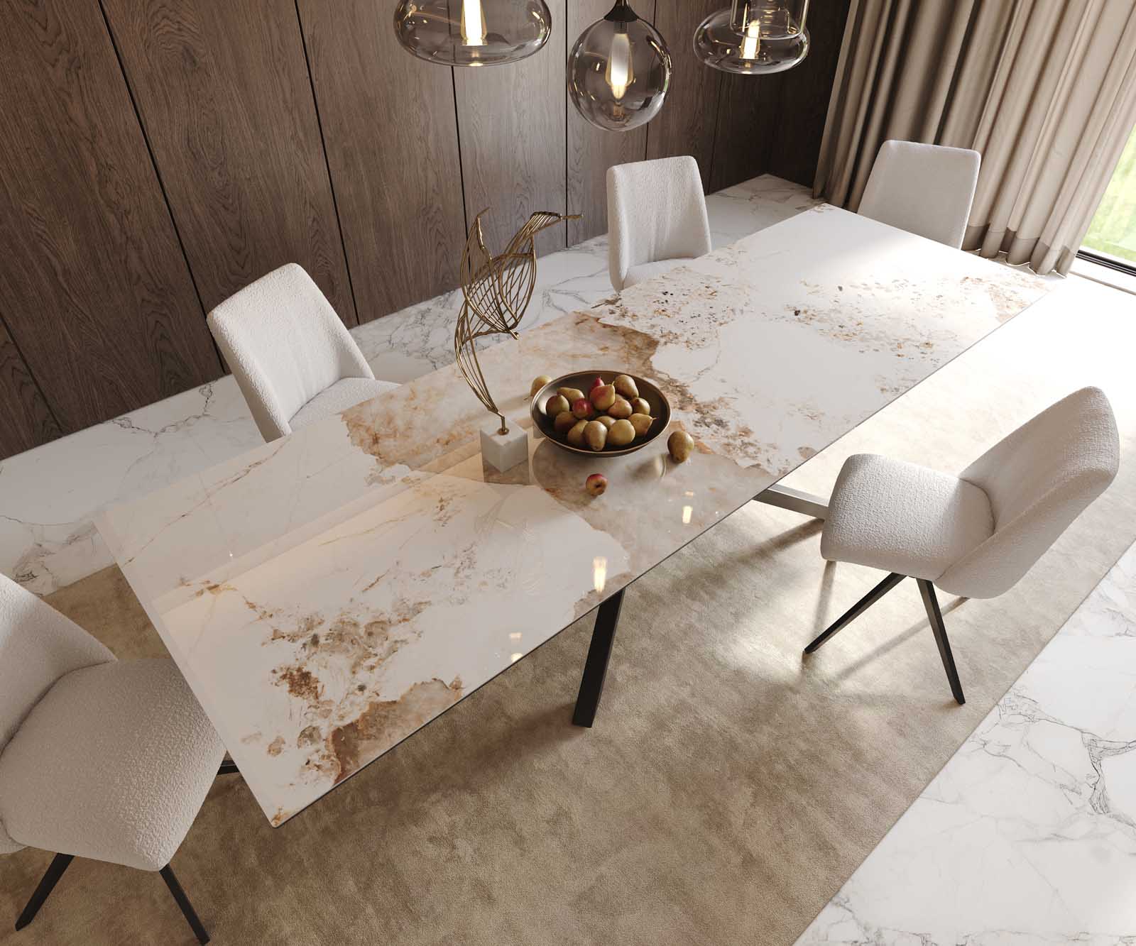 Stół do jadalni Edge 300x100cm ceramika Minas Melange biało-beżowy rama Cross czarna 5