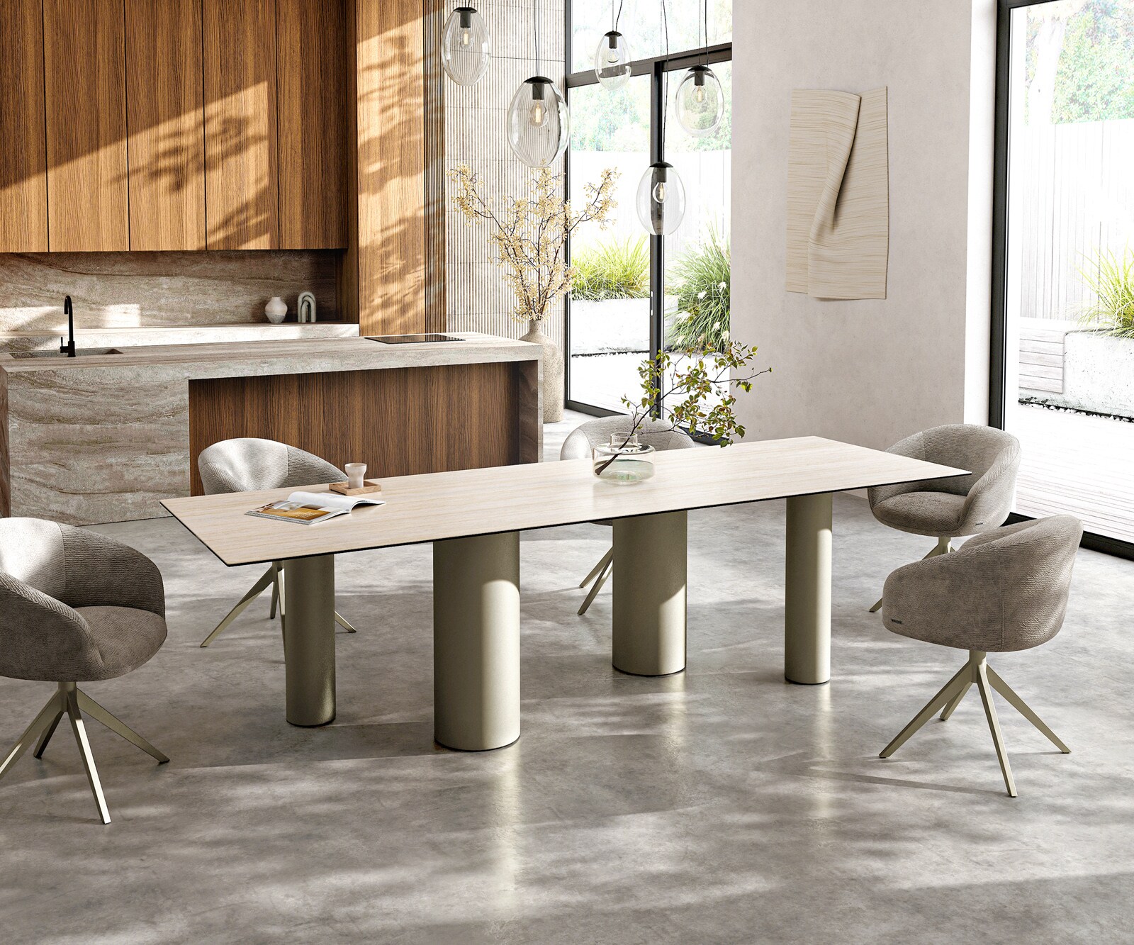 Stół do jadalni Edge 300x100cm ceramika Laminam® Travertino Bianco kremowo-biały rama Pilier metal kolor tytanowy 6