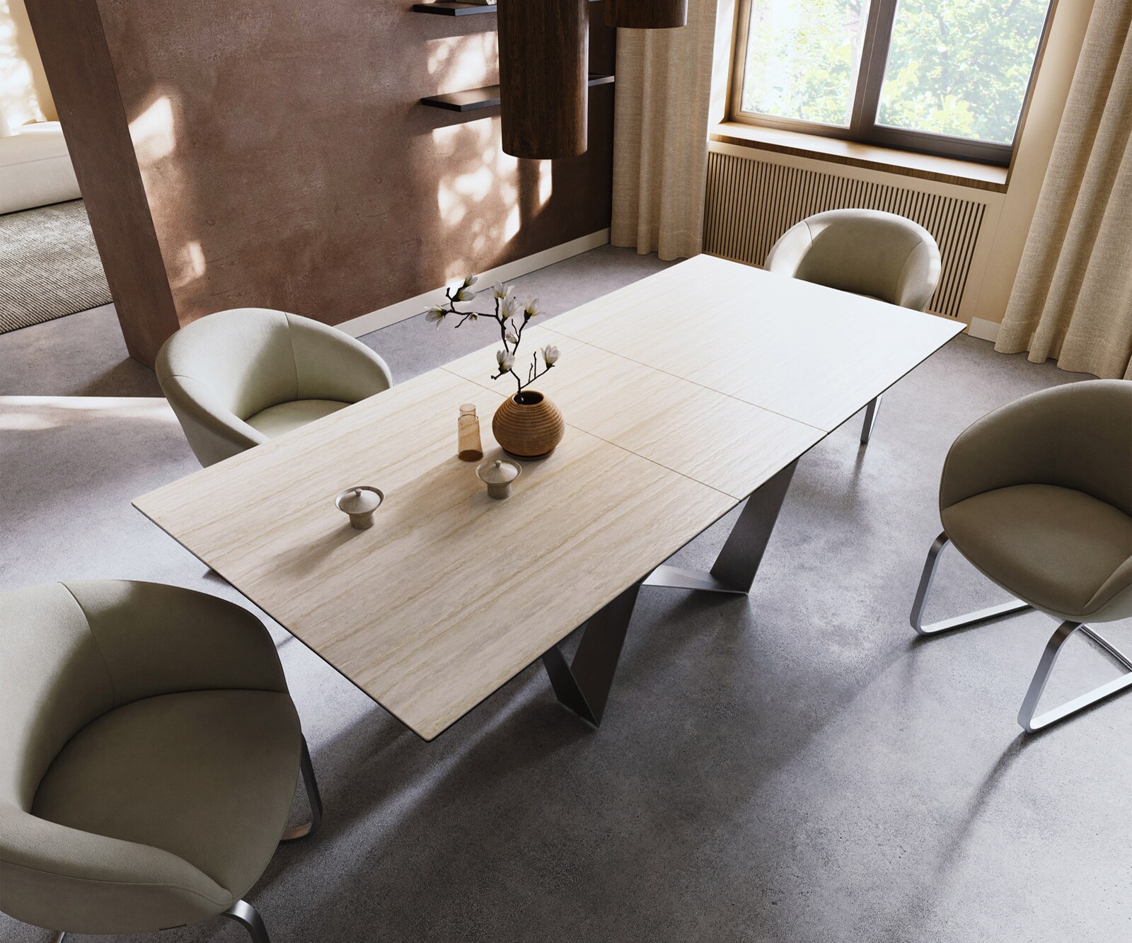 Stół do jadalni Edge 180-220x100cm ceramika Laminam® Travertino Bianco kremowo-biały rama Spider stal nierdzewna rozkładany 3