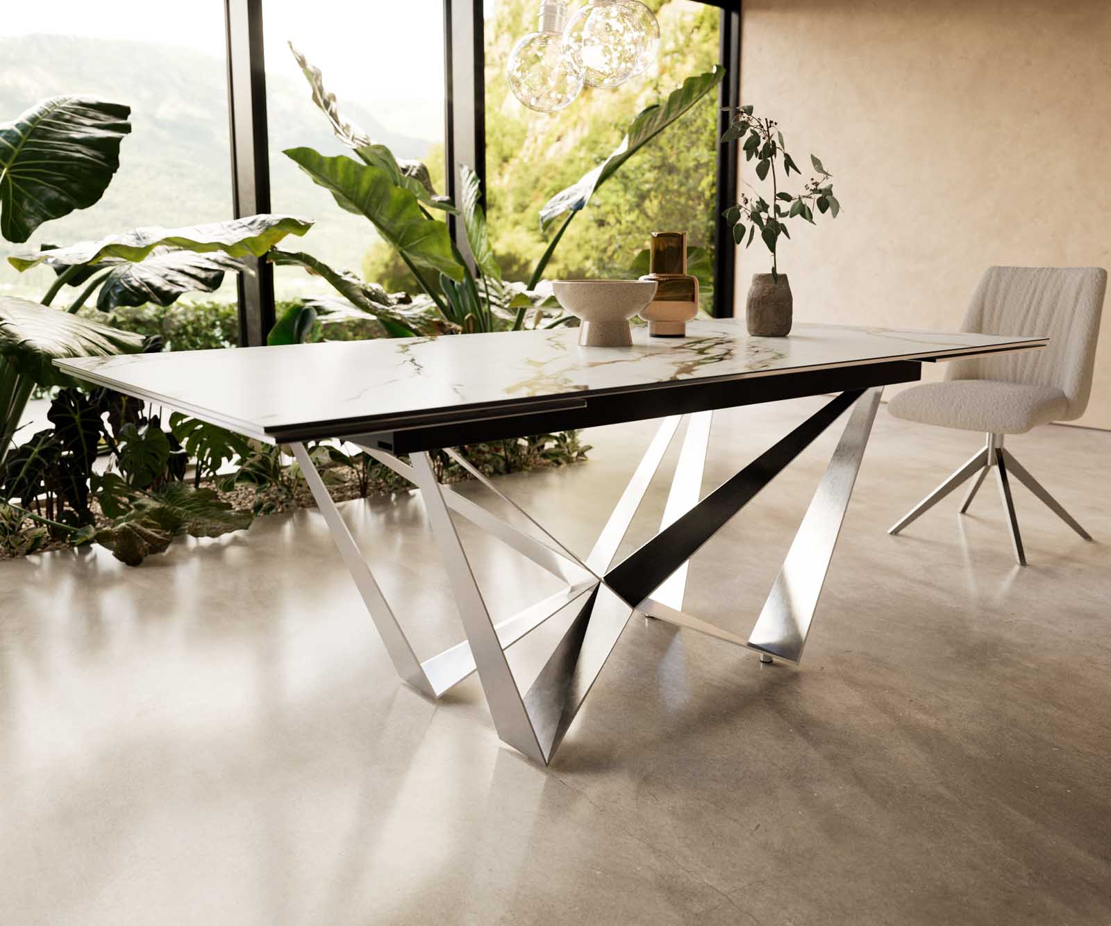 Stół do jadalni Edge 200-300x100 cm ceramika Calacatta Luxe biało-złoto-szary rama Spider stal nierdzewna rozkładany 6