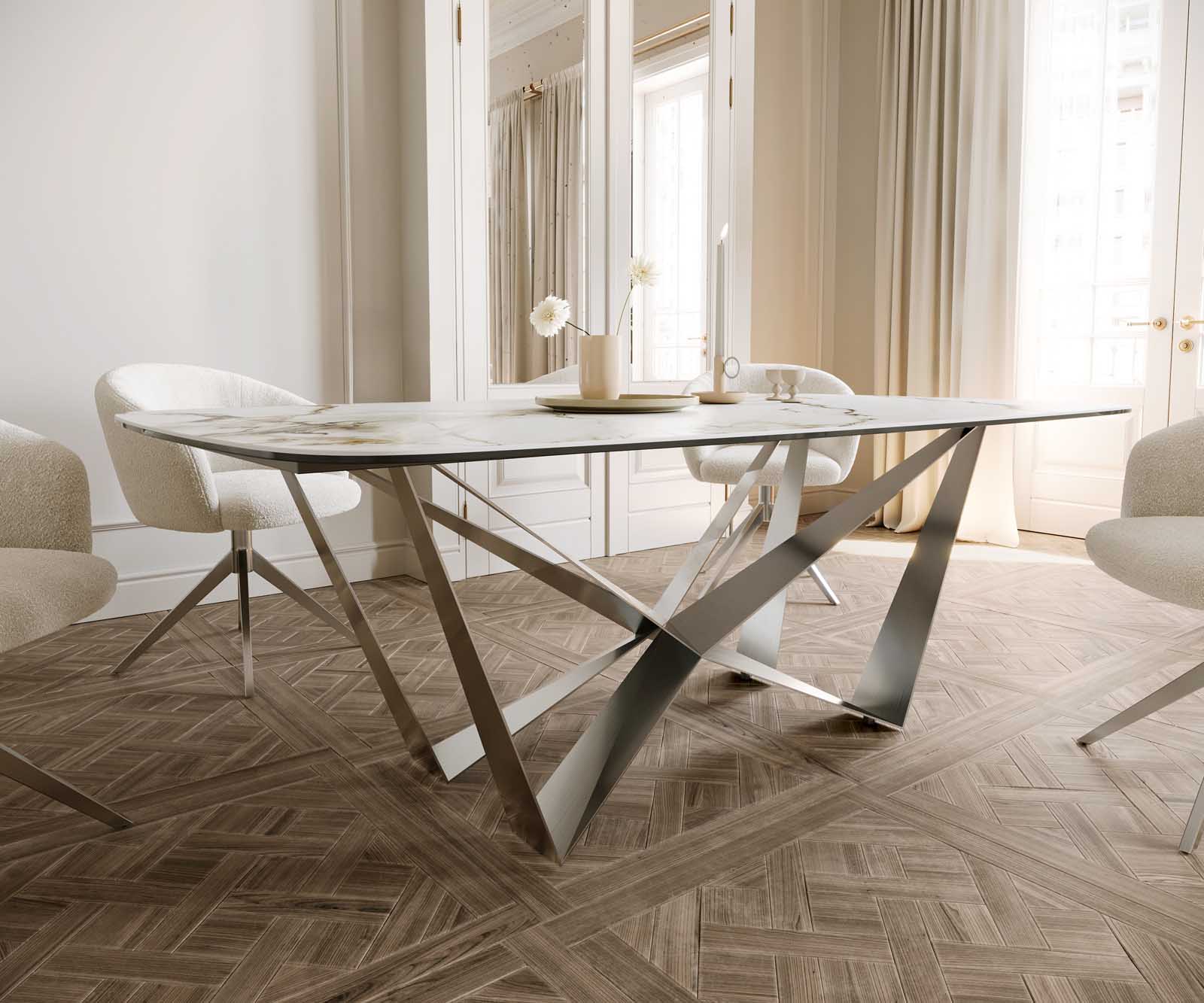 Stół do jadalni Edge kształt beczki 200x100cm ceramika Calacatta Luxe biało-złoto-szary rama Spider stal nierdzewna 5