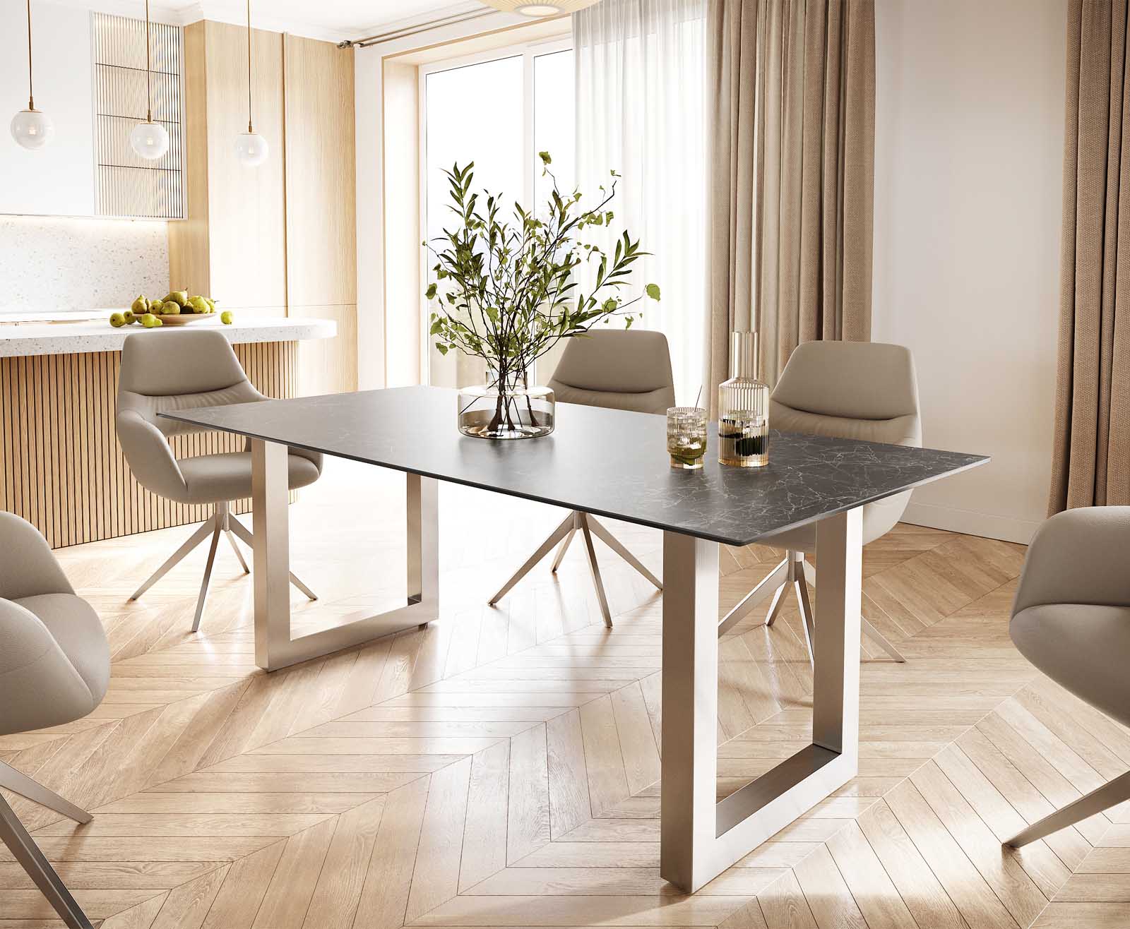 Stół do jadalni Edge 200x100 cm ceramika Laminam® Nero Greco antracyt stal nierdzewna szeroka rama