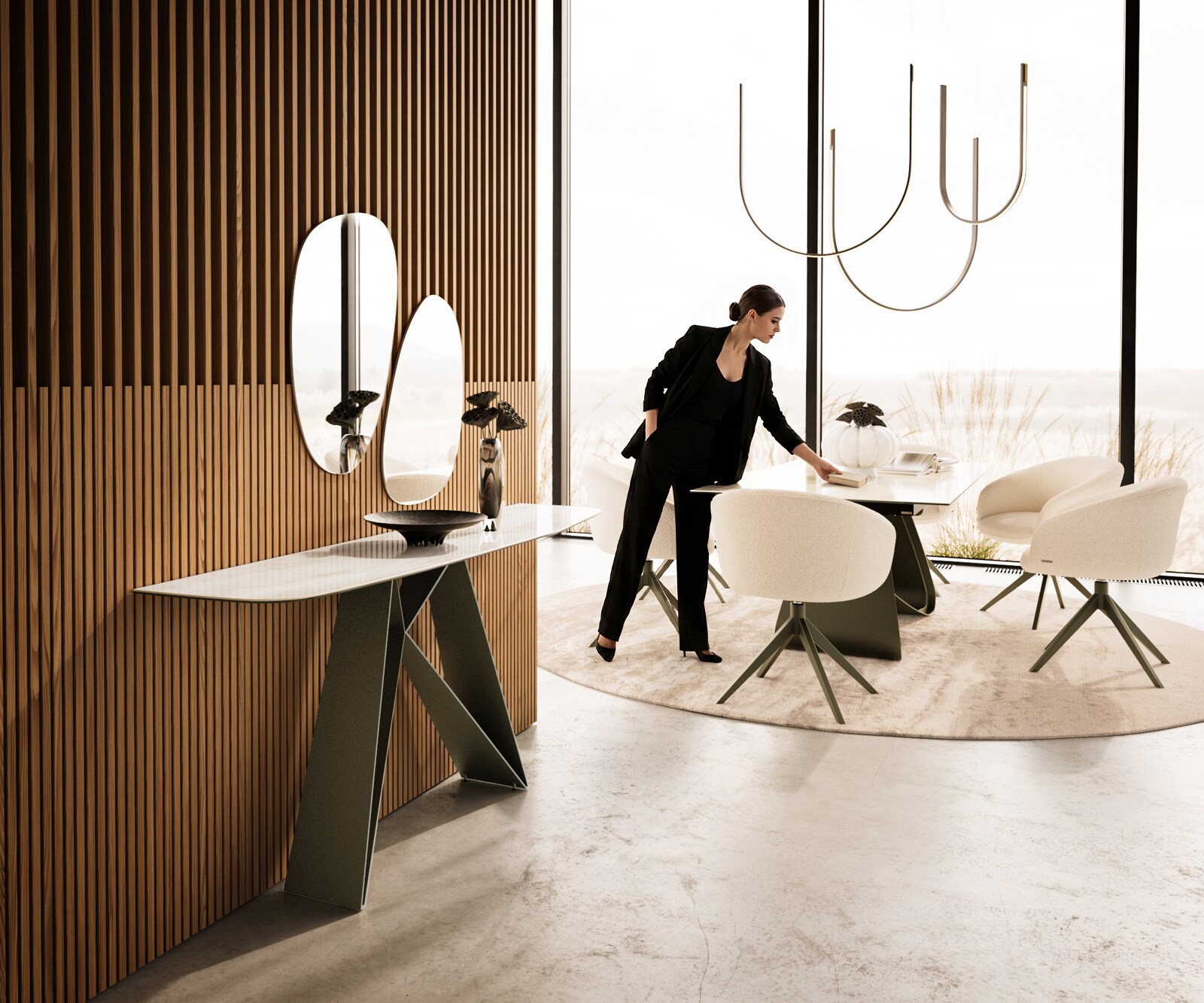 Konsola Edge w kształcie beczki 180x40 cm Onyx Champagne podstawa Velio metal w kolorze tytanu 6
