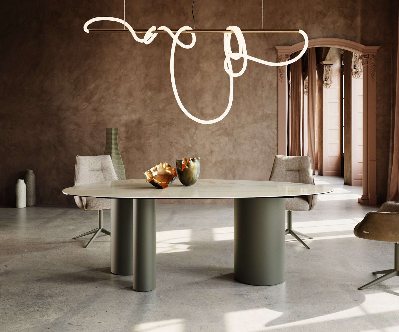 Stół do jadalni Edge owalny 220x120cm ceramika Iris FMG Onice Oro rama Troa metal kolor tytanowy 2
