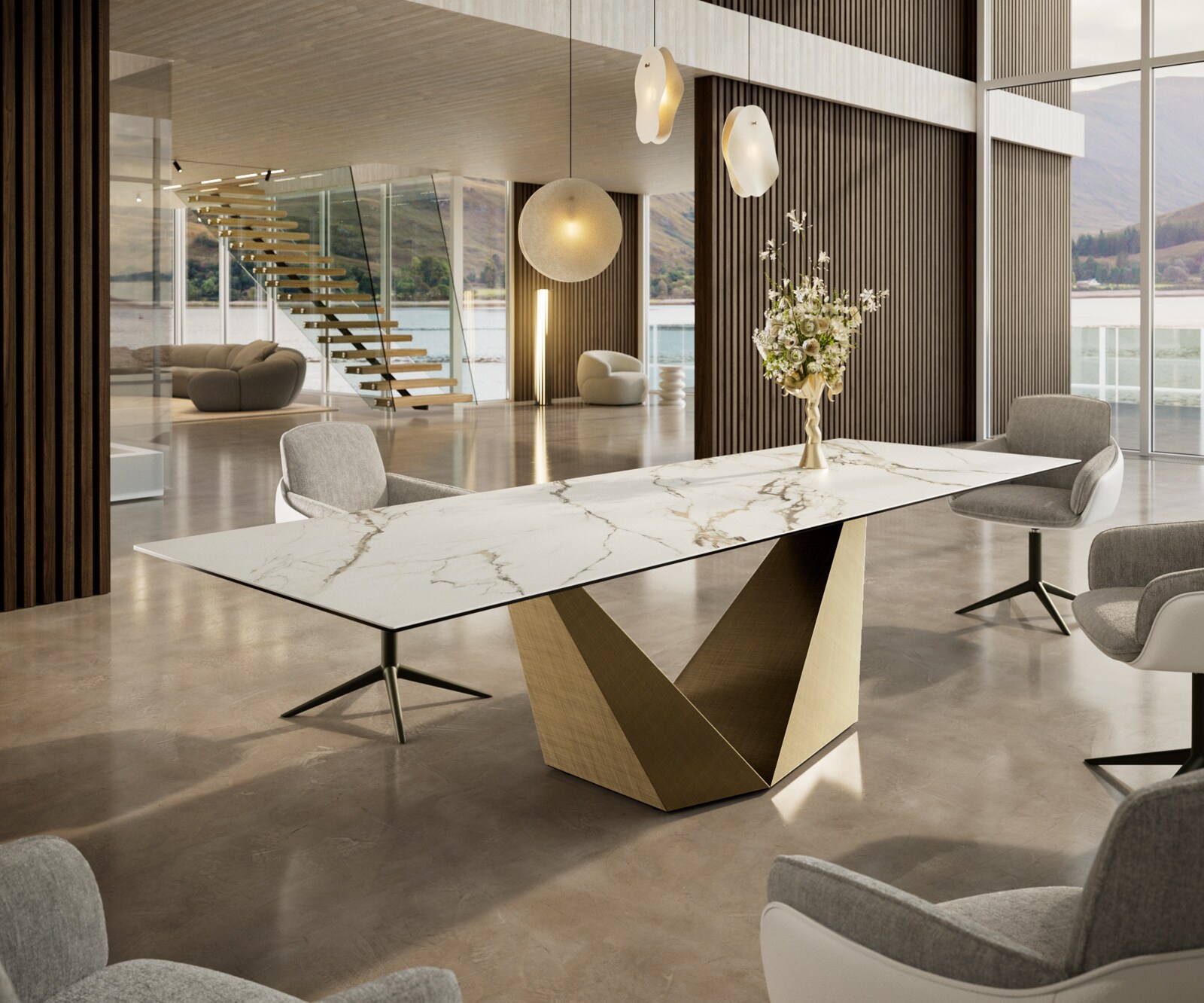 Stół do jadalni Edge 300x100cm ceramika Calacatta Luxe biało-złoto-szary rama Prisma metaliczny złoty 1