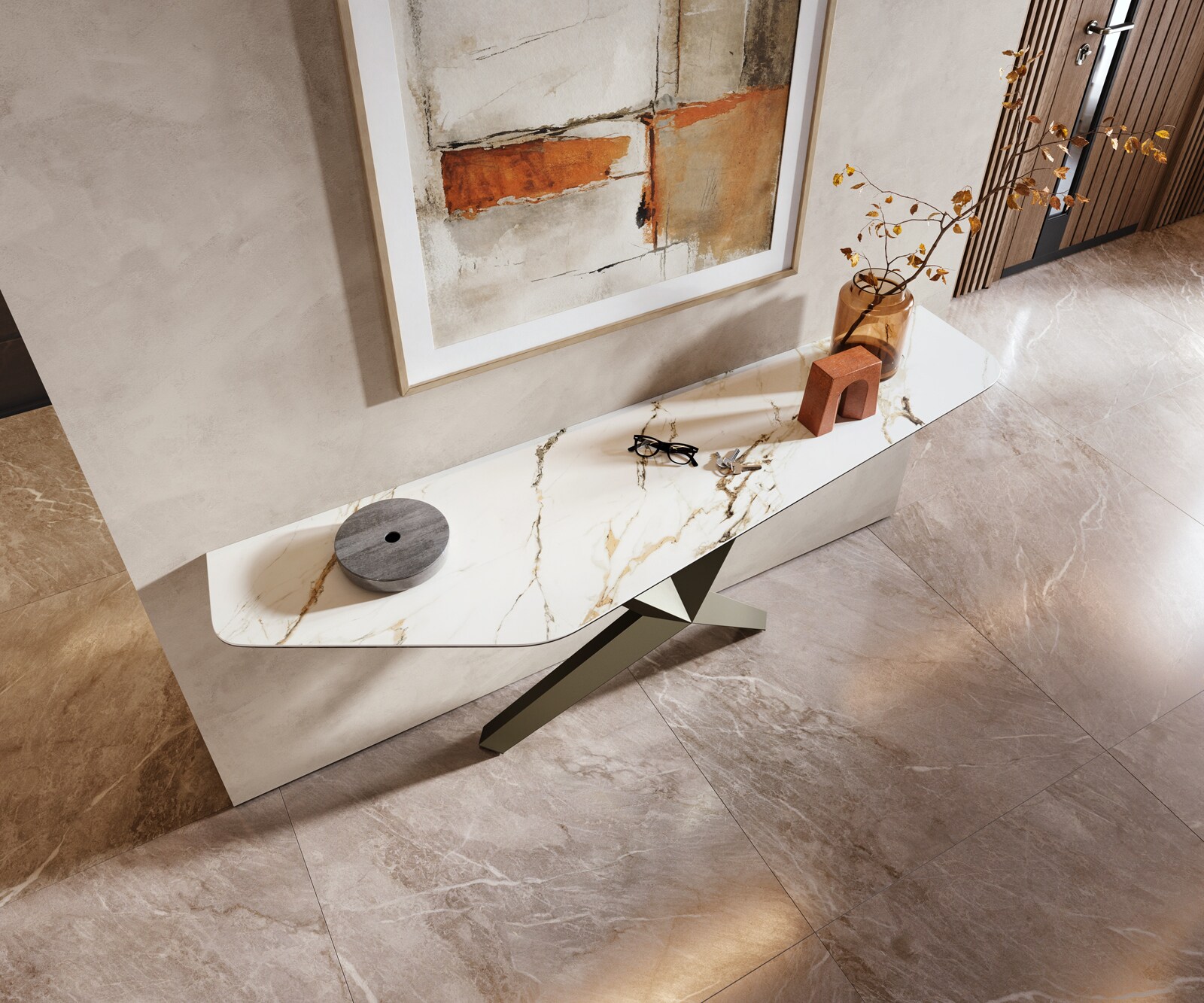 Konsola Edge wielokątna 180x50 cm ceramika Calacatta Luxe biało-złoto-szara podstawa Zentharo metal w kolorze tytanu 2