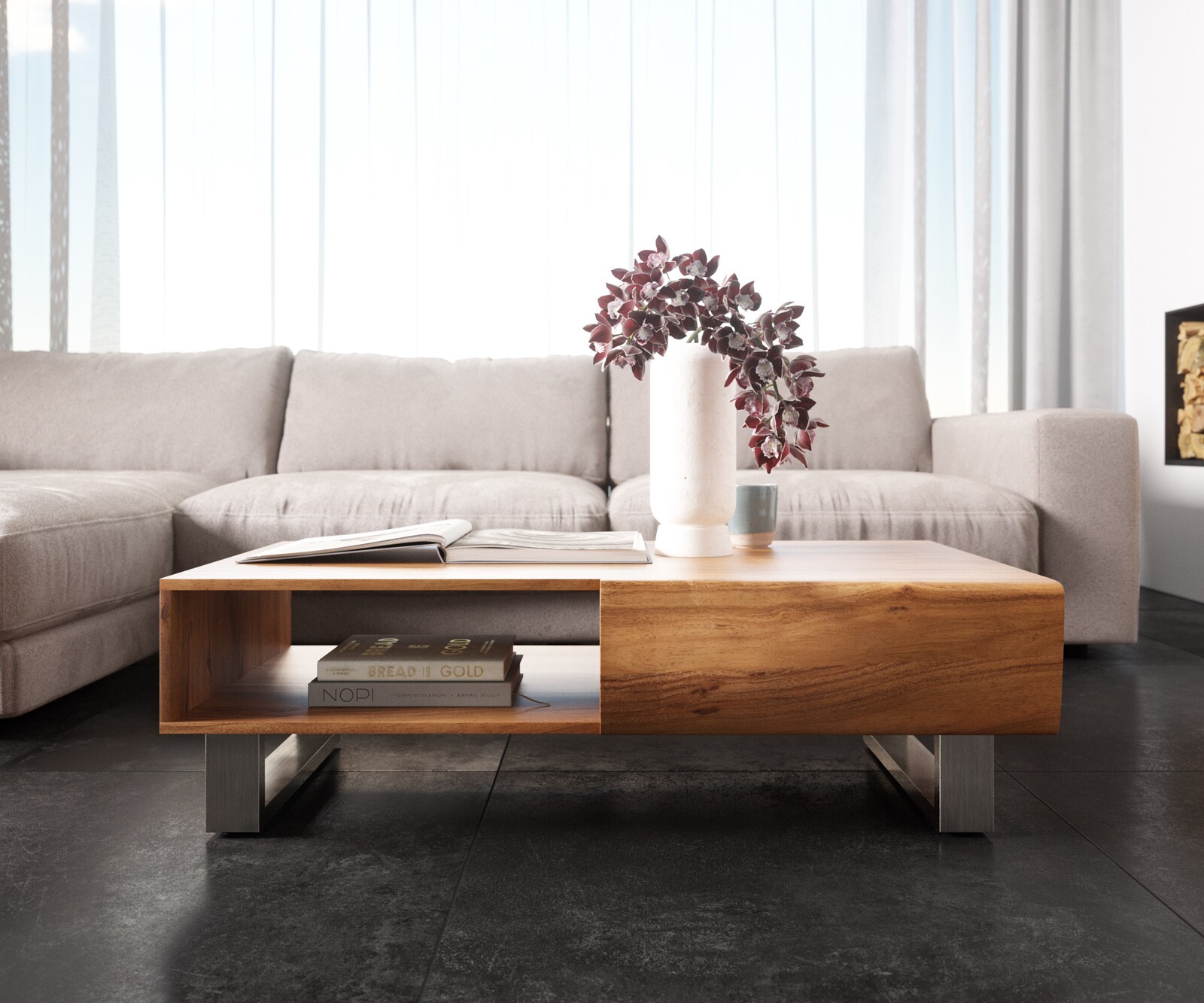 Stolik kawowy New Live-Edge 115x60 cm akacja naturalna 2 szuflady 1 przegroda nóżki płozowe stal nierdzewna szczotkowana 1