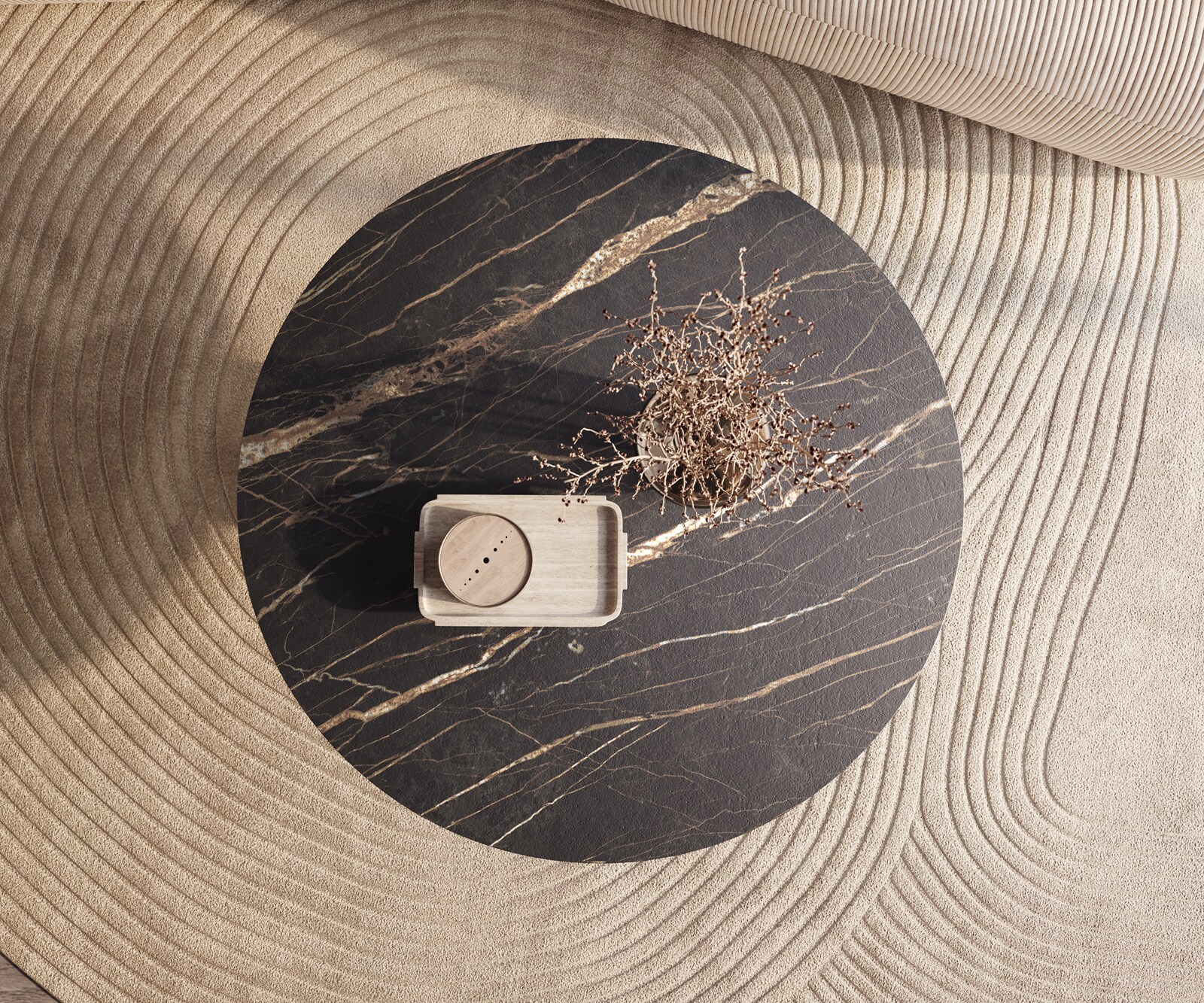Stolik kawowy Edge okrągły 100x100 cm ceramika Laminam® Noir Desir brązowy Conis srebrny metaliczny 2
