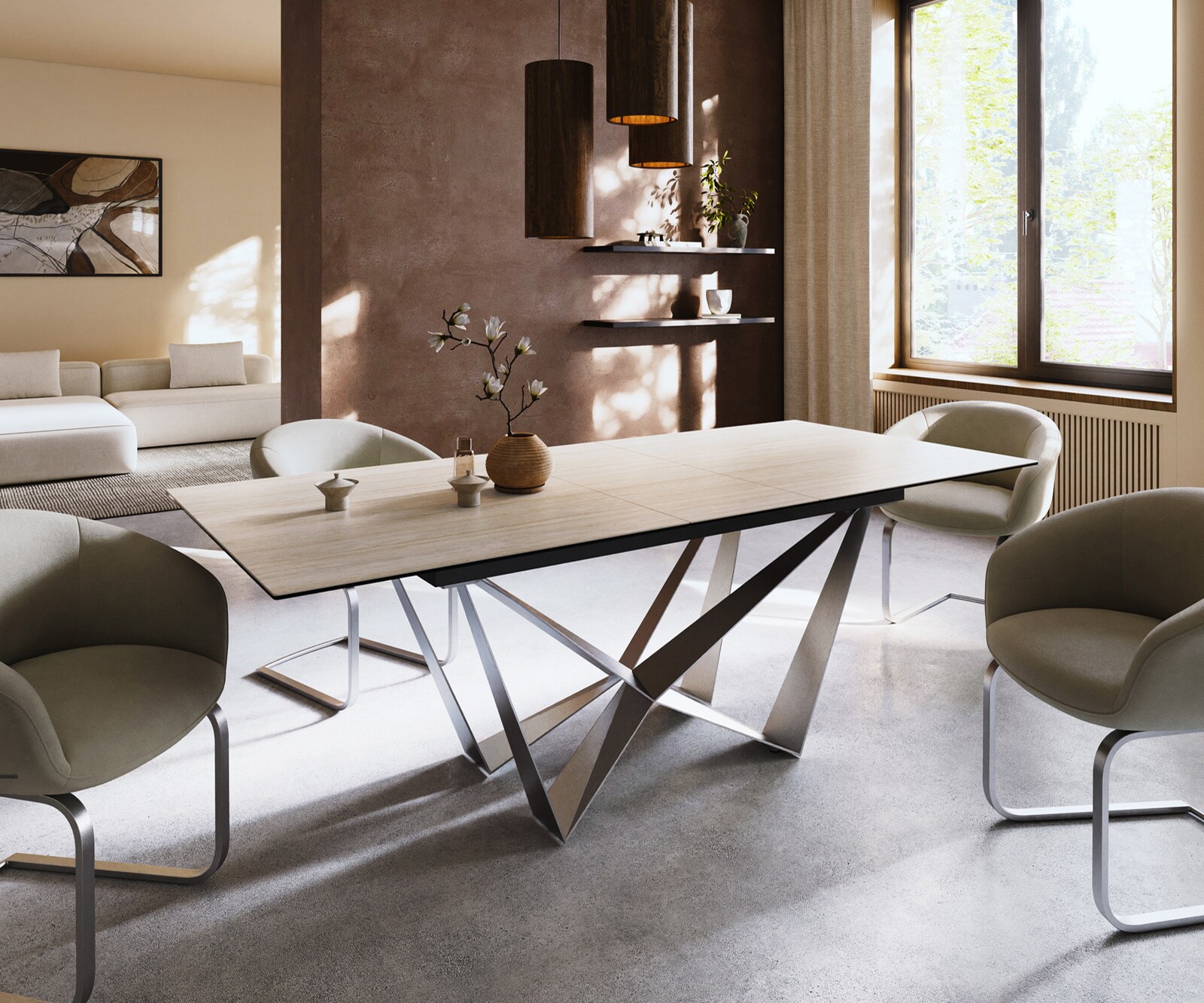 Stół do jadalni Edge 180-220x100cm ceramika Laminam® Travertino Bianco kremowo-biały rama Spider stal nierdzewna rozkładany
