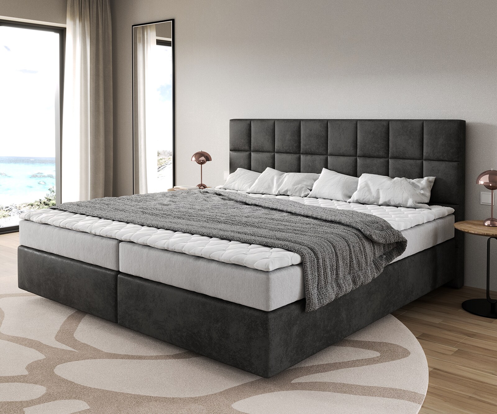 Łóżko kontynentalne Dream-Fine mikrofibra antracyt vintage 200x200cm materac bonellowy topper PU