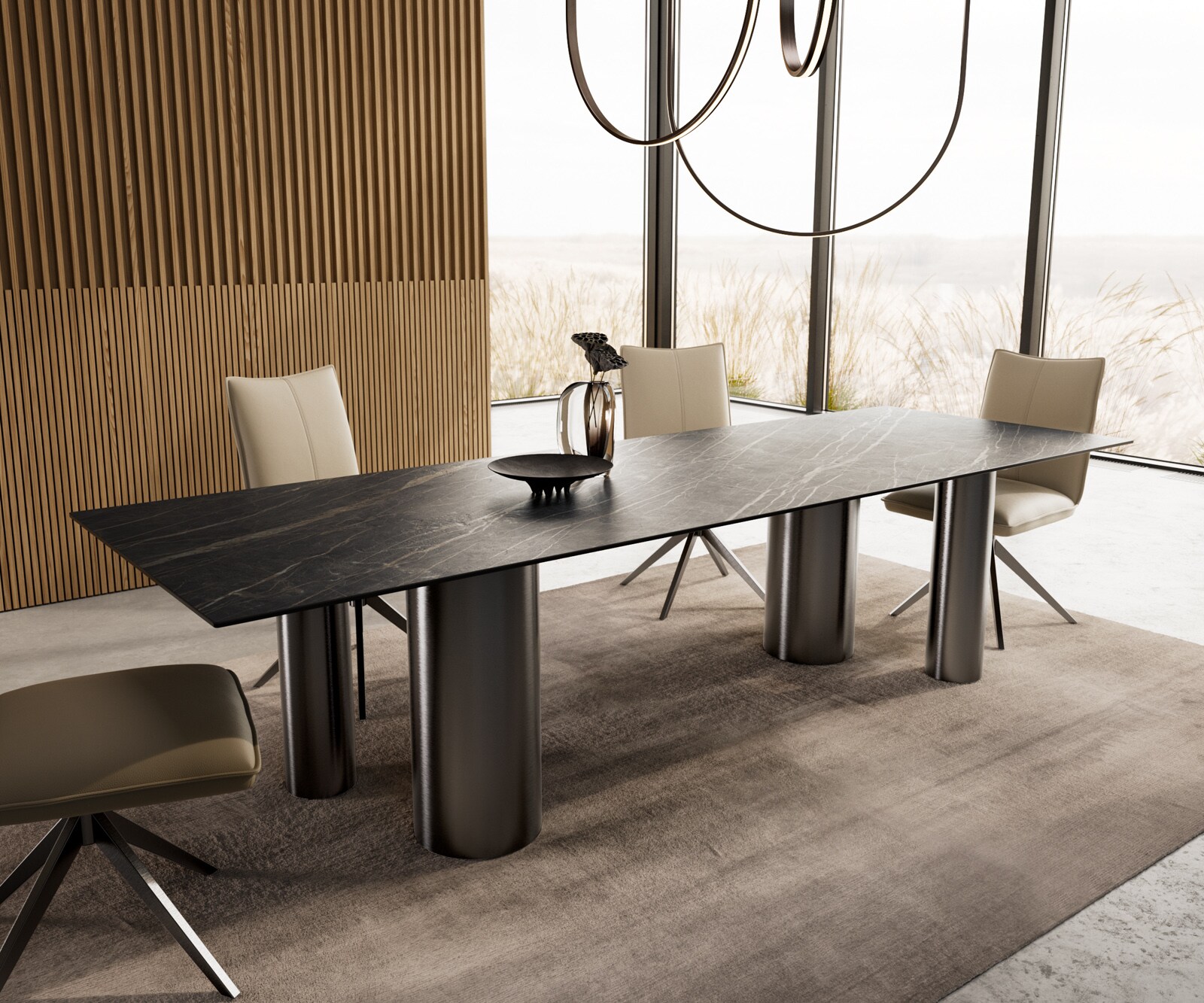 Stół do jadalni Edge 300x100cm ceramika Laminam®Noir Desir brązowy Pilier stal nierdzewna grafitowy 1