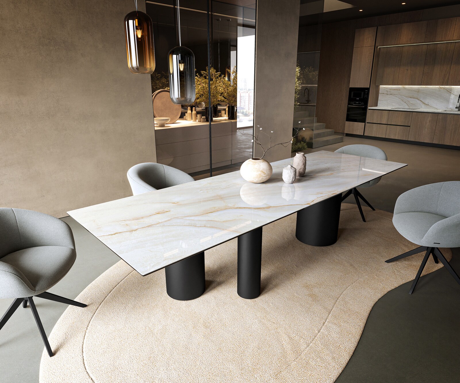 Stół do jadalni Edge 300x100cm ceramika Onyx Pearl rama Troa metal czarny
