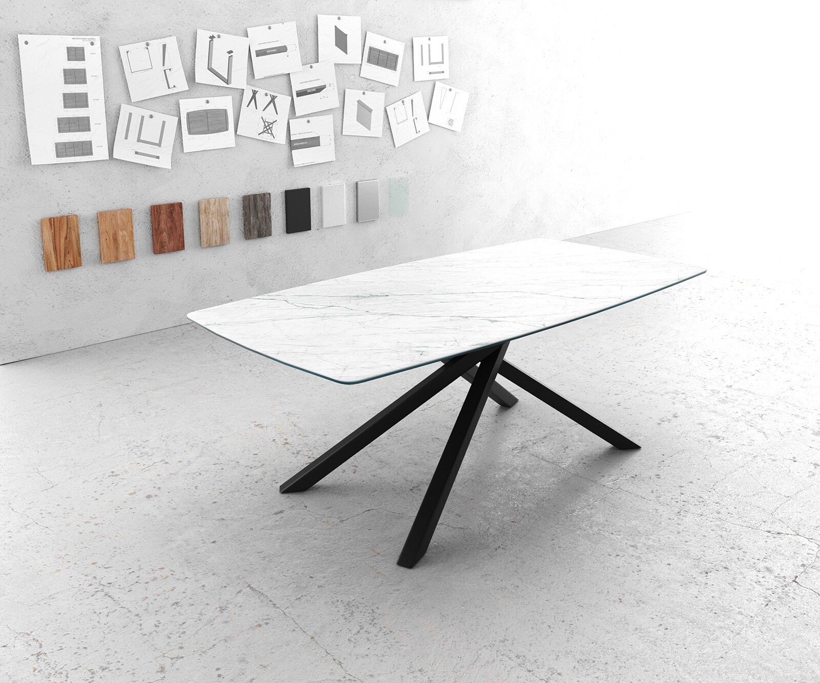 Stół do jadalni Edge kształt beczki 200x100cm ceramika Minas Melange biało-beżowy rama Cross czarna 2