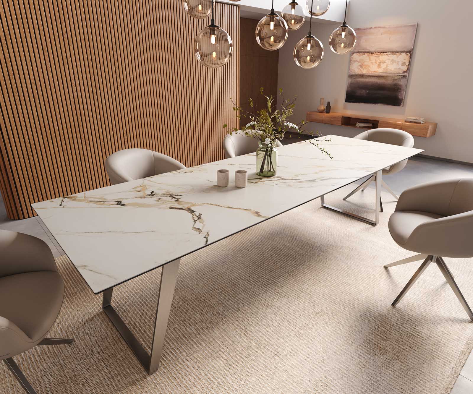 Stół do jadalni Edge 300x100cm ceramika Calacatta Luxe biało-złoto-szary stal nierdzewna pochylona rama