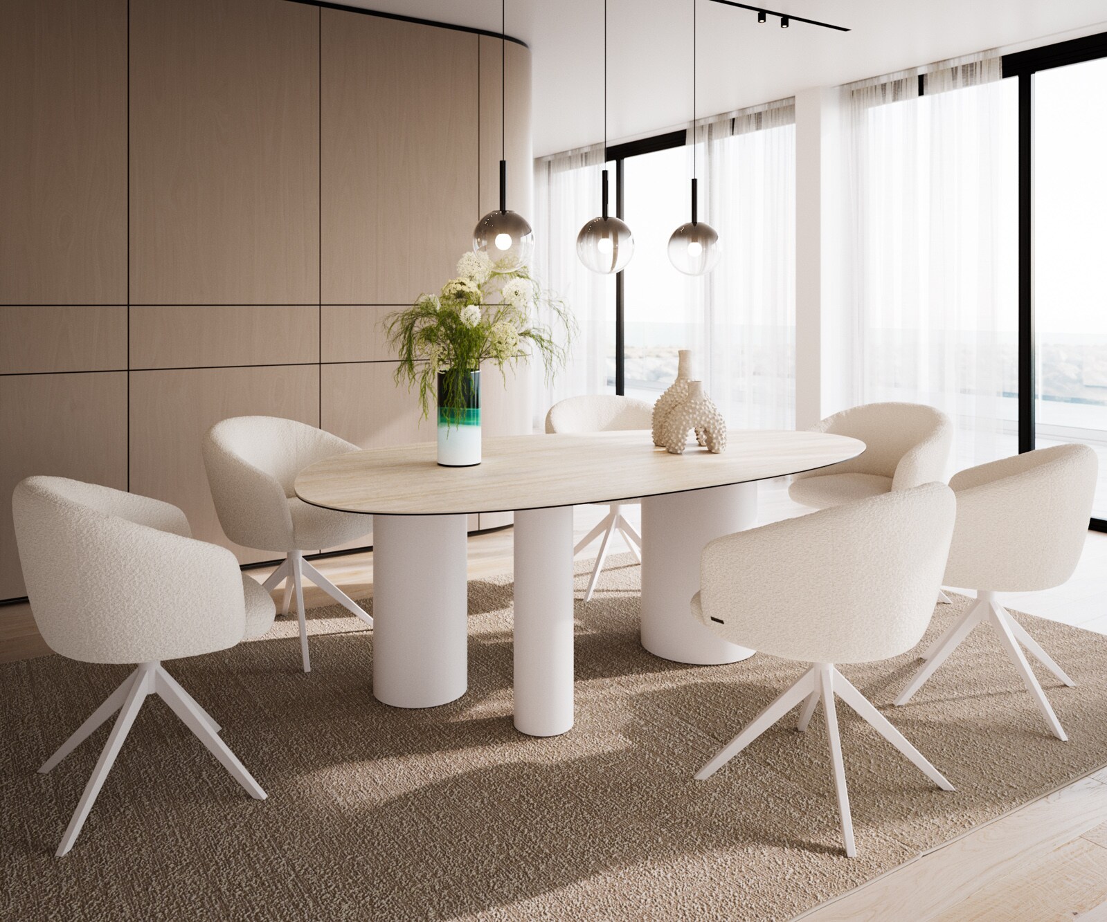 Stół do jadalni Edge owalny 220x120cm ceramika Laminam® Travertino Bianco kremowo-biały rama Troa metal biały 5