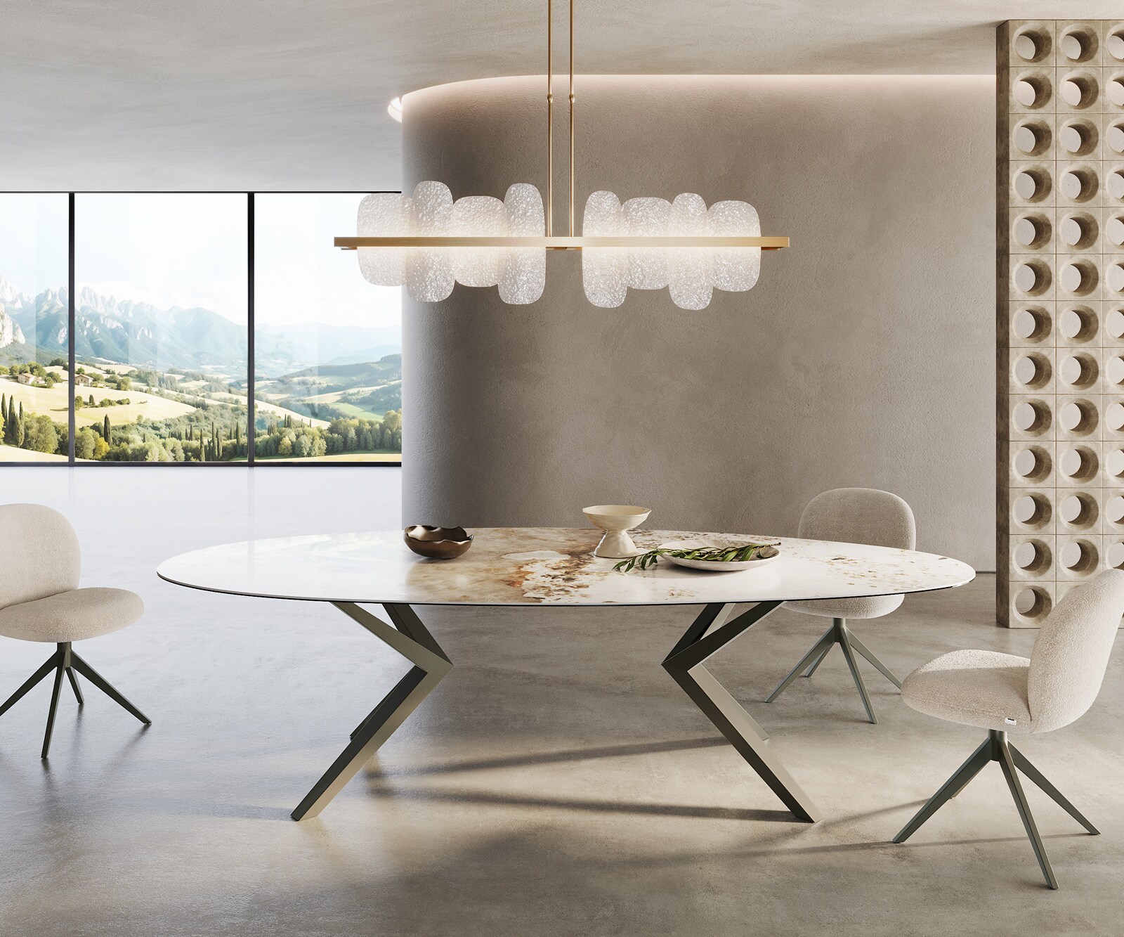 Stół do jadalni Edge owalny 280x130cm ceramika Minas Melange biało-beżowy rama Zenthara metal kolor tytanowy 1