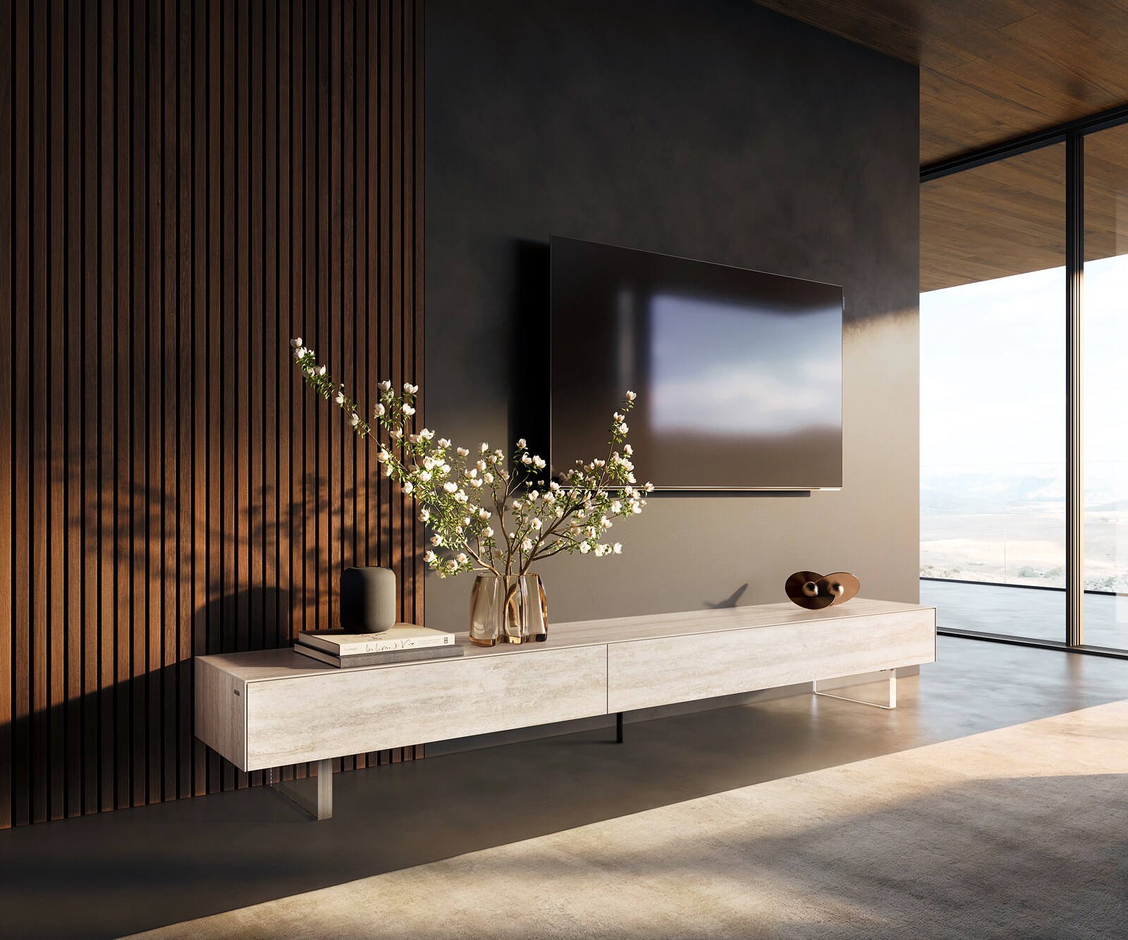 Szafka RTV Cuor 250 cm ceramika Laminam® Travertino Bianco kremowo-biała 1 klapa 1 szuflada nóżki akrylowe