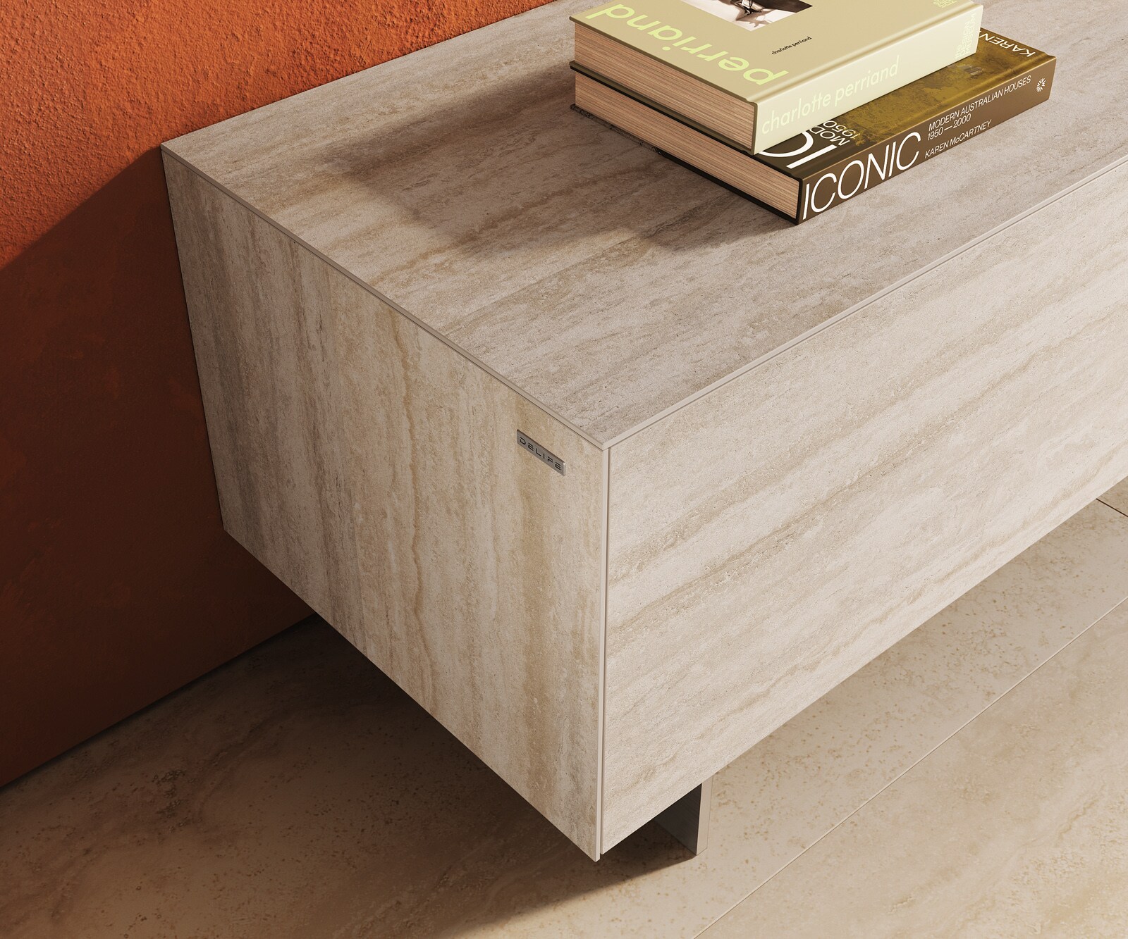 Szafka RTV Cuor 220 cm ceramika Laminam® Travertino Bianco kremowo-biała 1 klapa 2 szuflady nóżki wąskie stal nierdzewna 6
