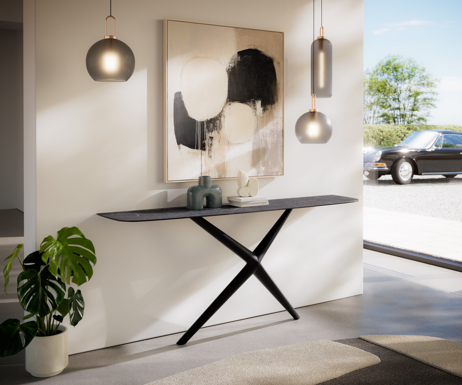 Konsola Edge w kształcie beczki 180x40 cm Laminam® Nero Greco antracytowa rama Estelo metal czarny 7
