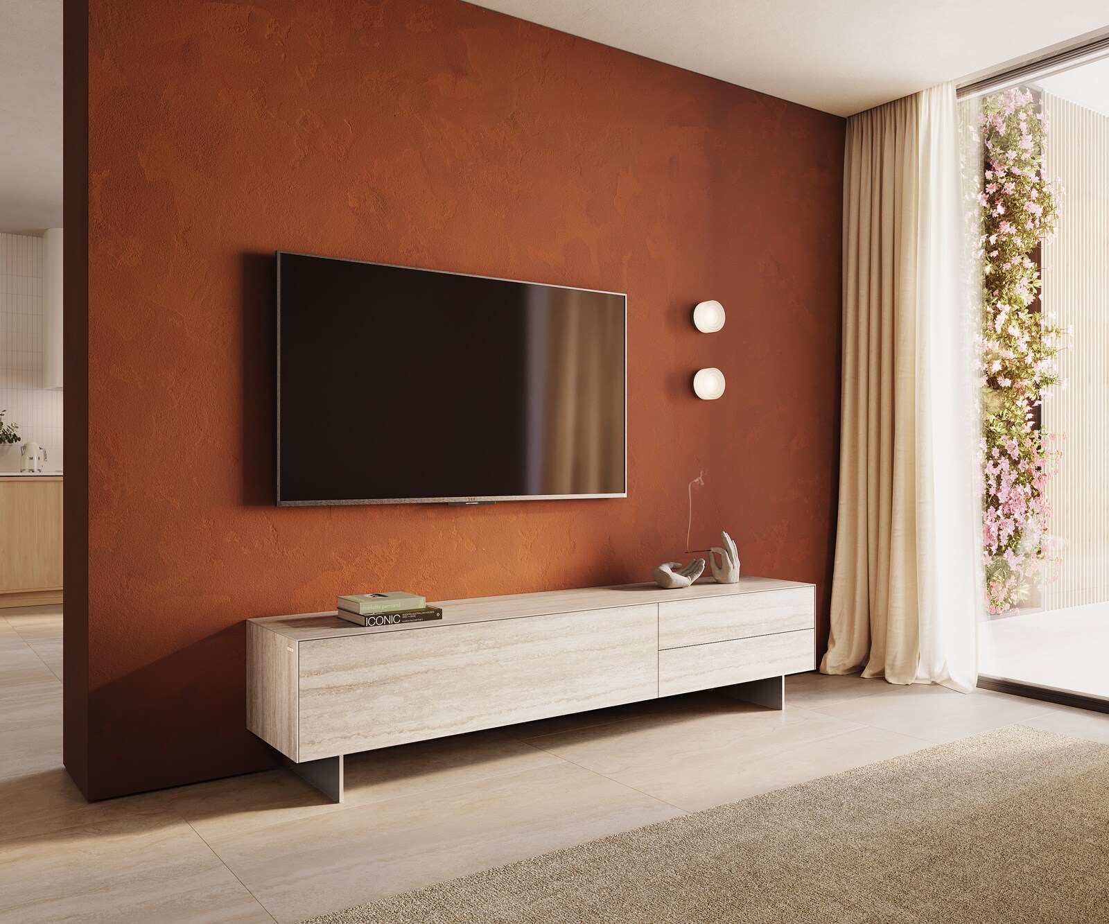 Szafka RTV Cuor 220 cm ceramika Laminam® Travertino Bianco kremowo-biała 1 klapa 2 szuflady nóżki wąskie stal nierdzewna 1