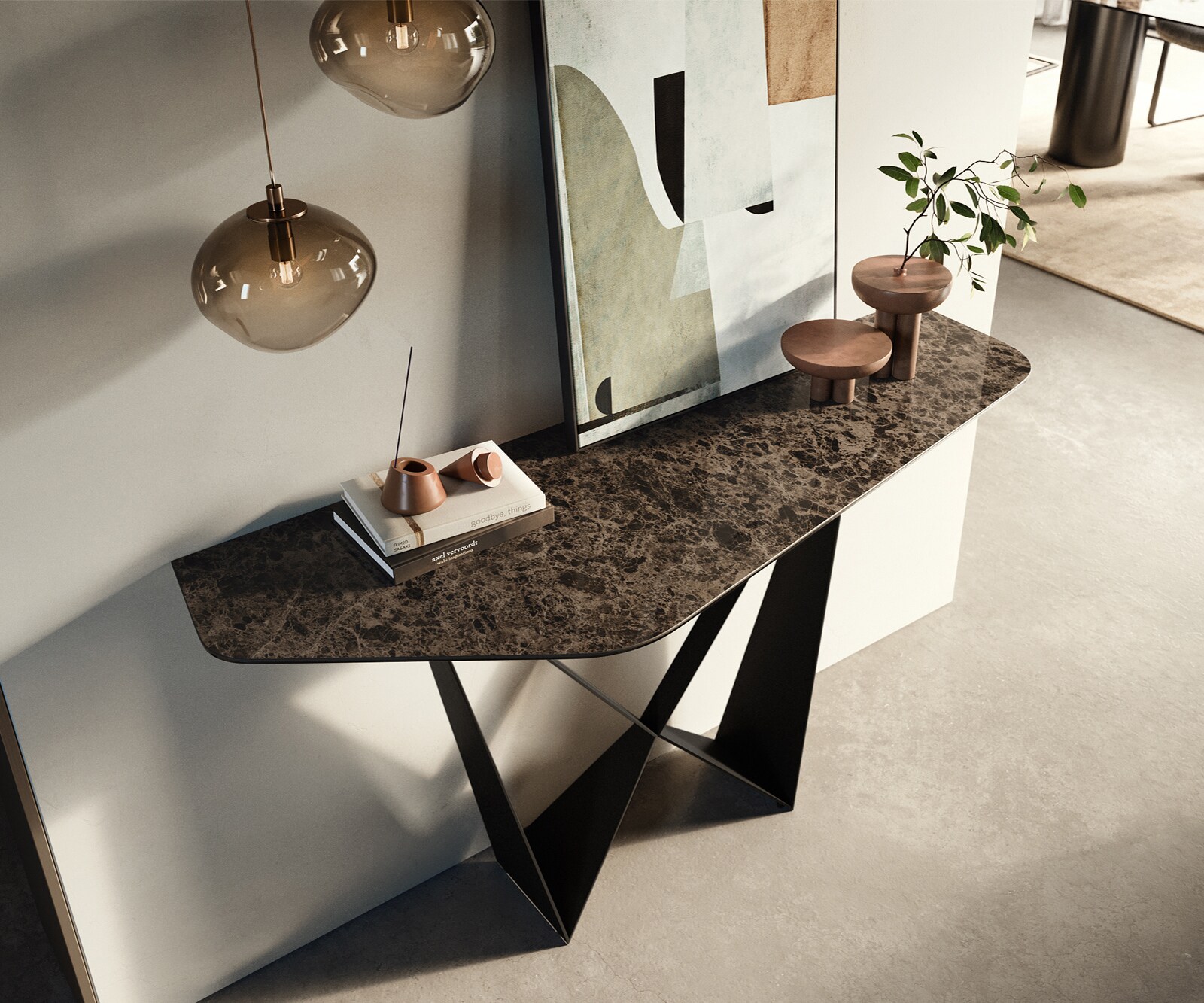 Konsola Edge wielokątna 140x50 cm ceramika Emperador Extra Lucidato ciemnobrązowa podstawa Spios metal czarny 2