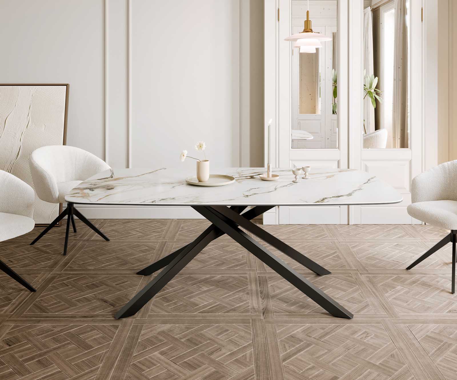 Stół do jadalni Edge kształt beczki 200x100cm ceramika Calacatta Luxe biało-złoto-szary rama Cross czarna 1