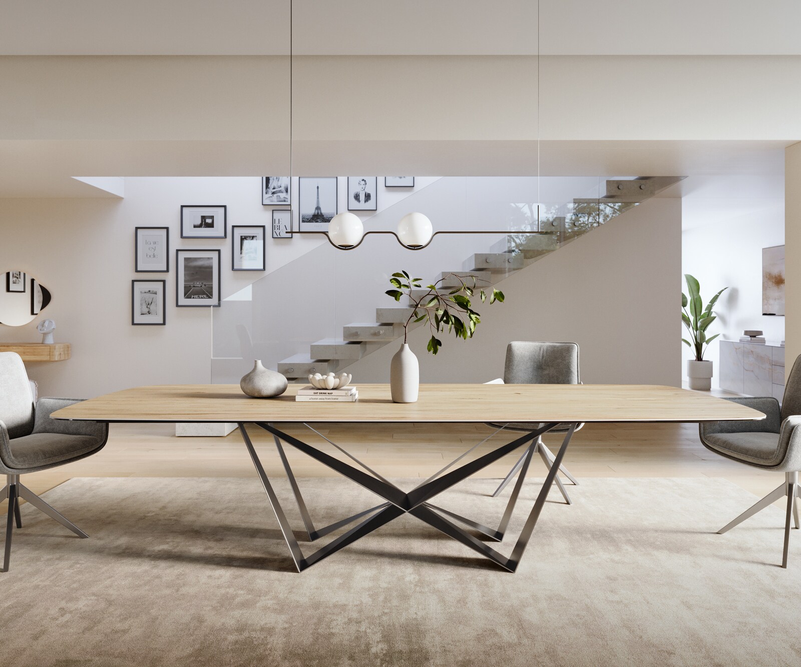 Stół do jadalni Edge w kształcie beczki 300x120 cm ceramika Laminam® Sabbia w kolorze dębu rama Spider stal nierdzewna kolor grafitowy 2