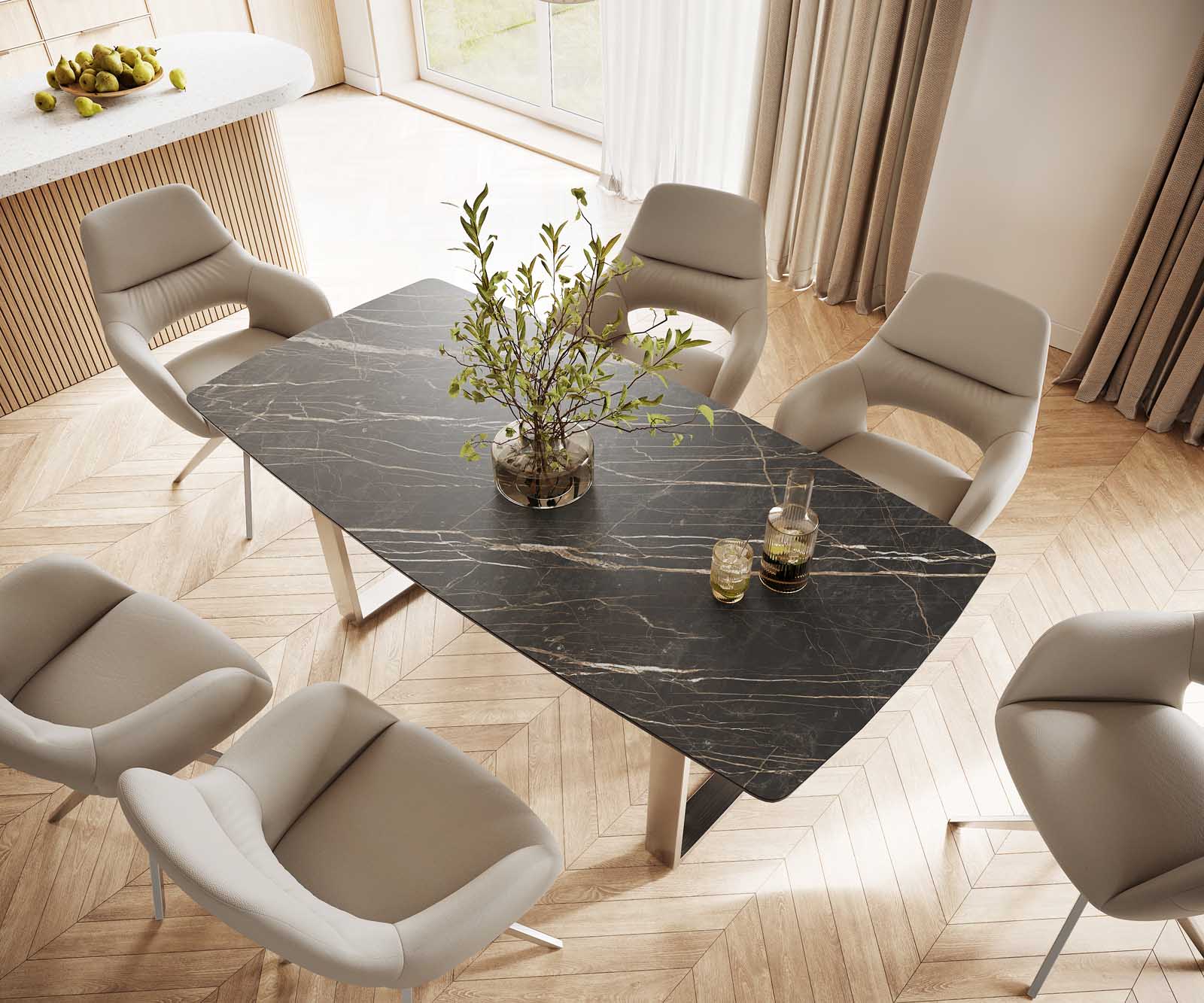 Stół do jadalni Edge kształt beczki 200x100cm ceramika Laminam® Noir Desir brązowy stal nierdzewna wąska rama 3