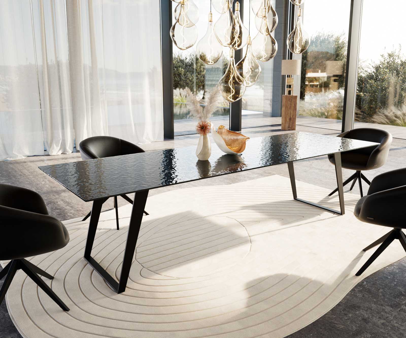 Stół do jadalni Edge 300x100cm szkło reliefowe czarne efekt 3D pochylona rama metal czarna