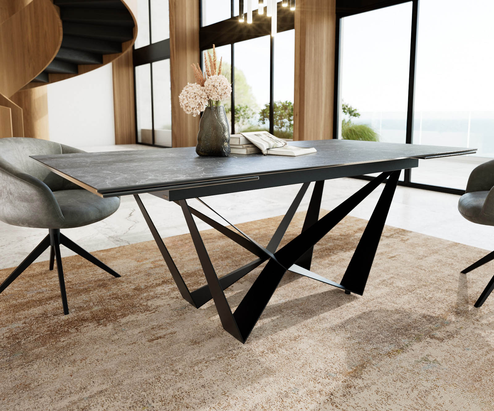 Stół do jadalni Edge 200-300x100 cm ceramika Laminam® Nero Greco antracyt rama Spider metal czarna rozkładany 3