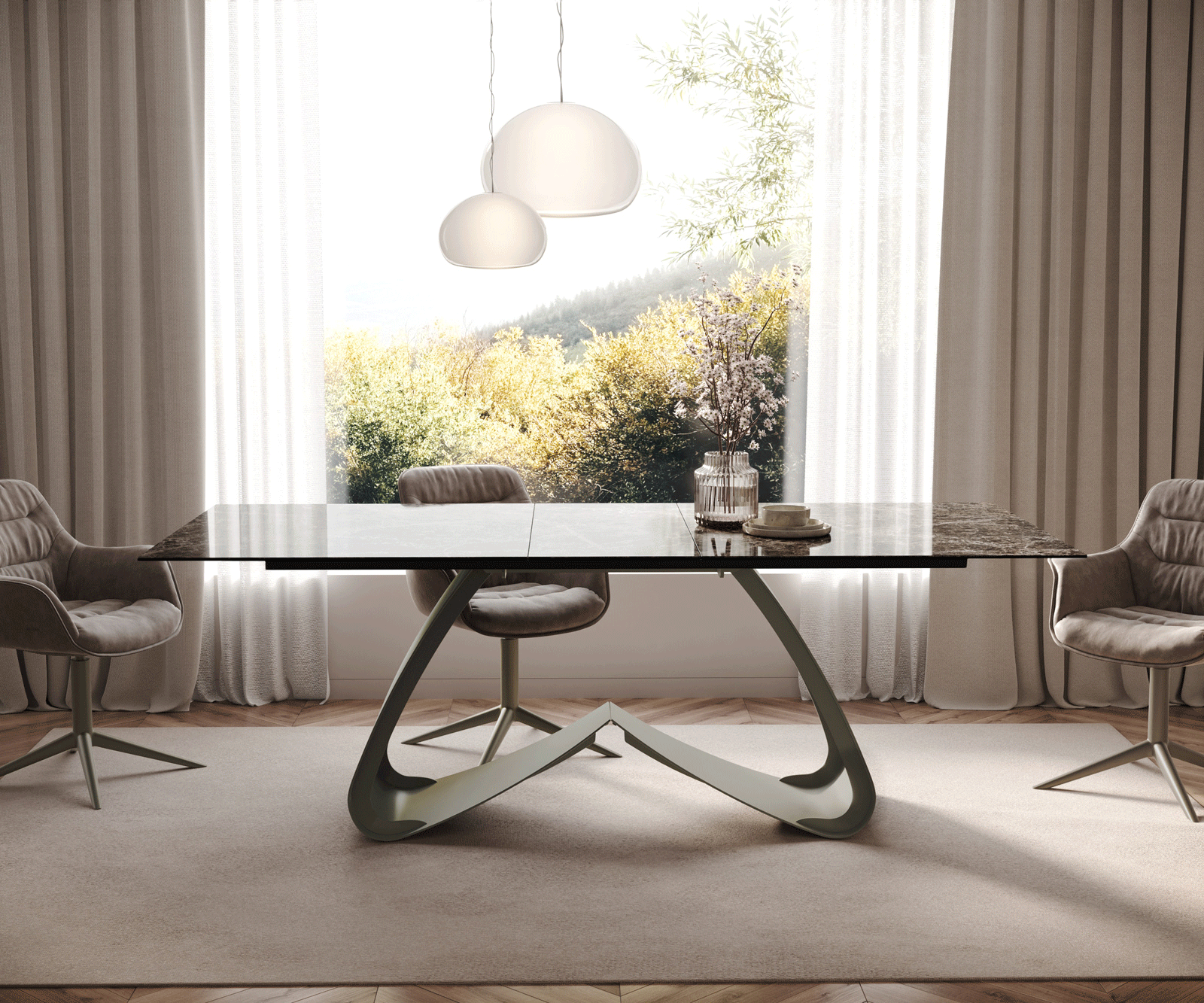 Stół do jadalni Edge 180-220x100cm ceramika Laminam® Emperador Extra Lucidato ciemnobrązowy rama W kolor tytanowy rozkładany 1