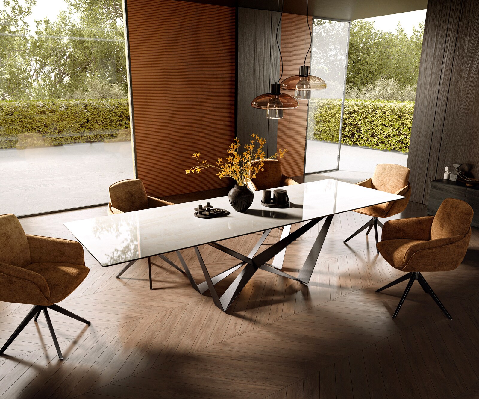 Stół do jadalni Edge 300x100 cm ceramika Onyx Champagne rama Spider stal nierdzewna kolor grafitowy 7