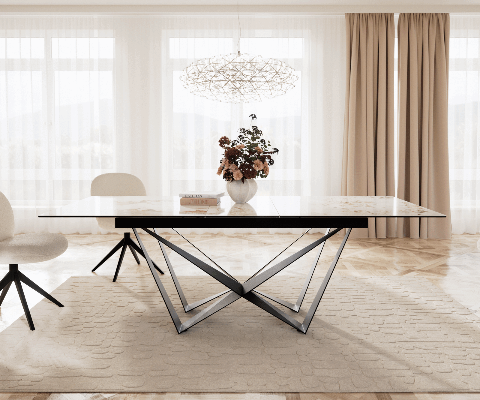 Stół do jadalni Edge 180-220x100 cm ceramika Minas Melange biało-beżowy rama Spider metal czarna rozkładany 1
