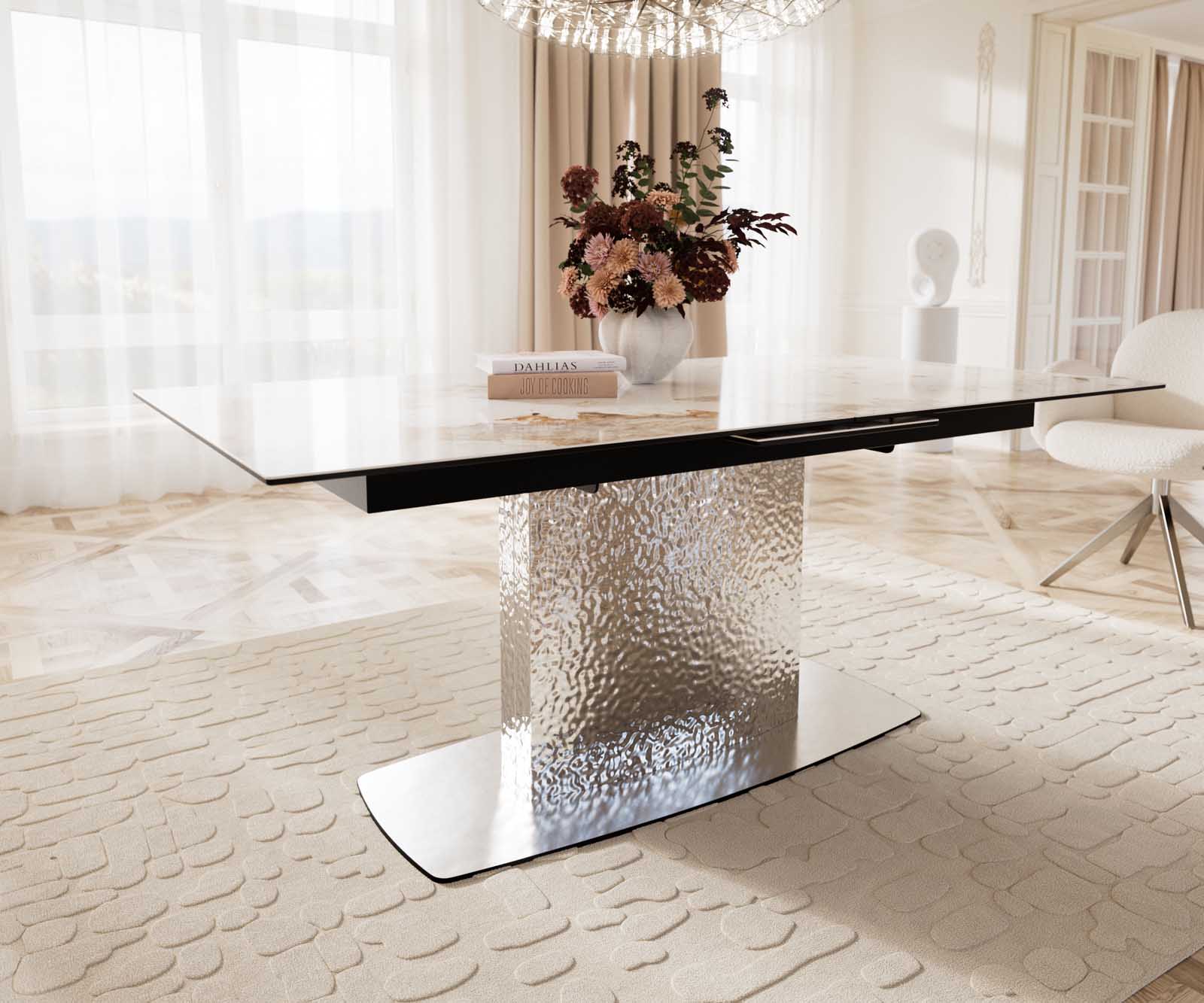 Stół do jadalni Edge 180-220x100 cm ceramika Minas Melange biało-beżowy rama Wave stal nierdzewna rozkładany 6