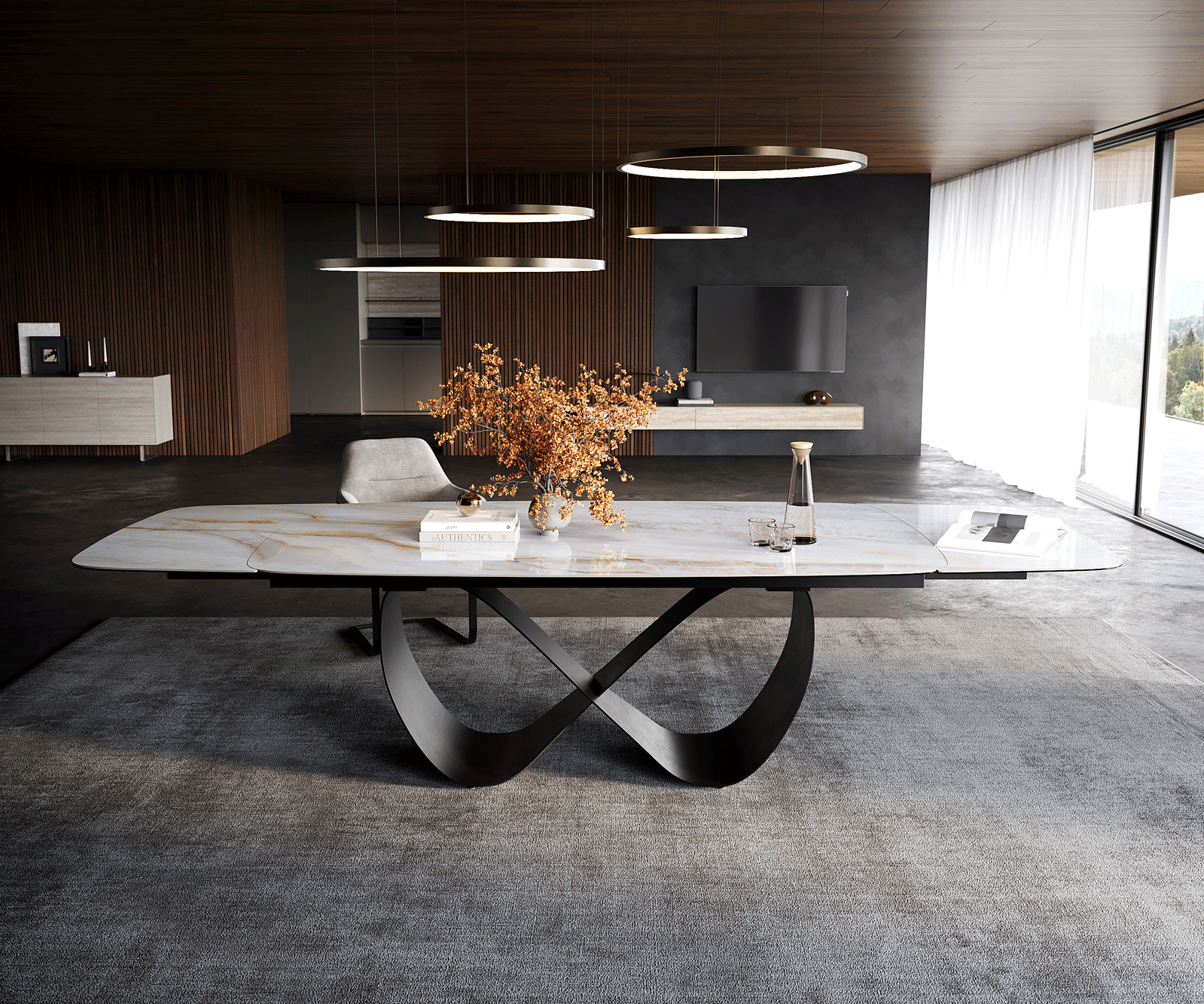 Stół do jadalni Edge w kształcie beczki 200-300x120 cm ceramika Onyx Pearl rama Infinity metal czarny rozkładany 2