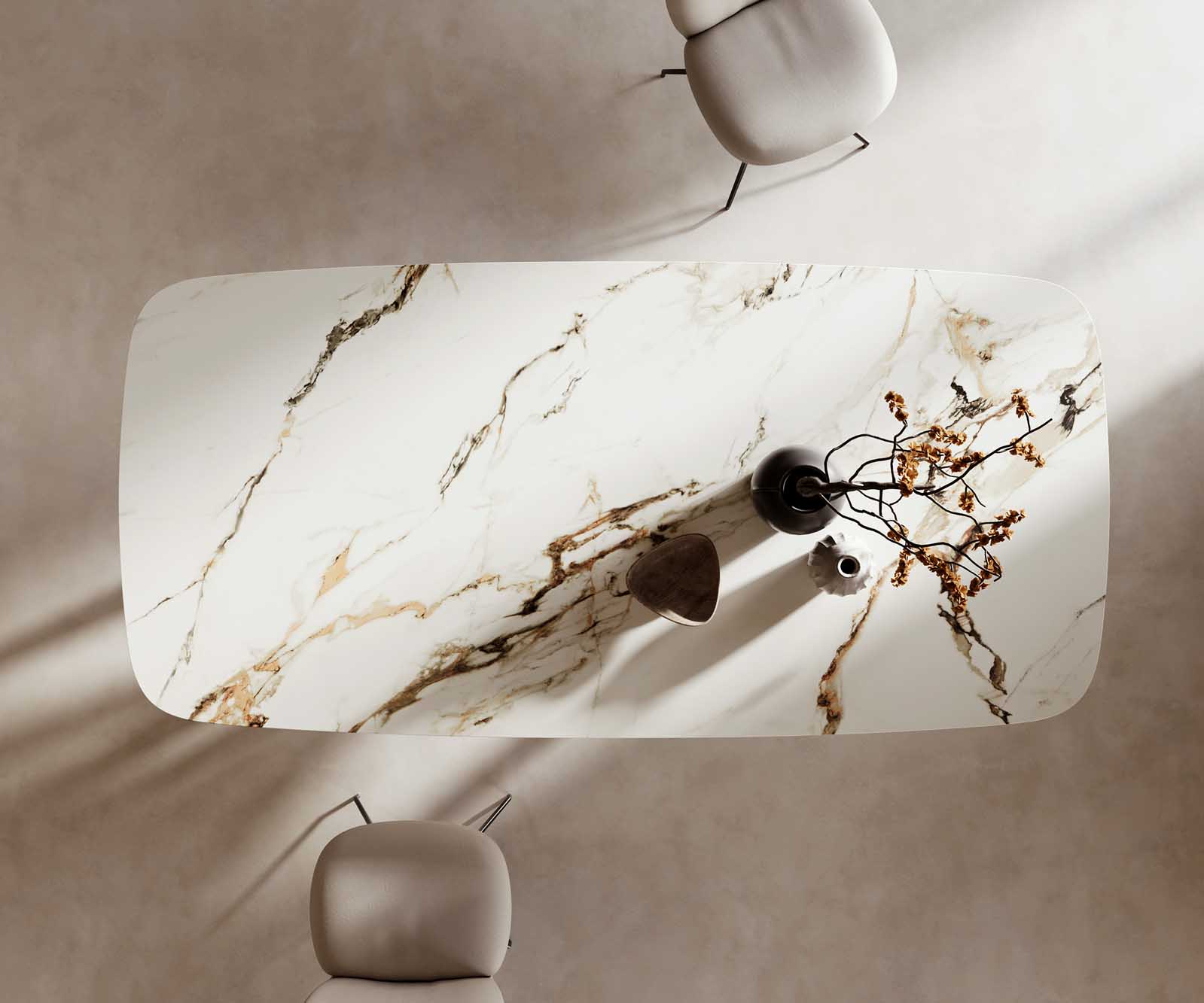 Stół do jadalni Edge kształt beczki 240x120cm ceramika Calacatta Luxe biało-złoto-szary rama Spider stal nierdzewna 6
