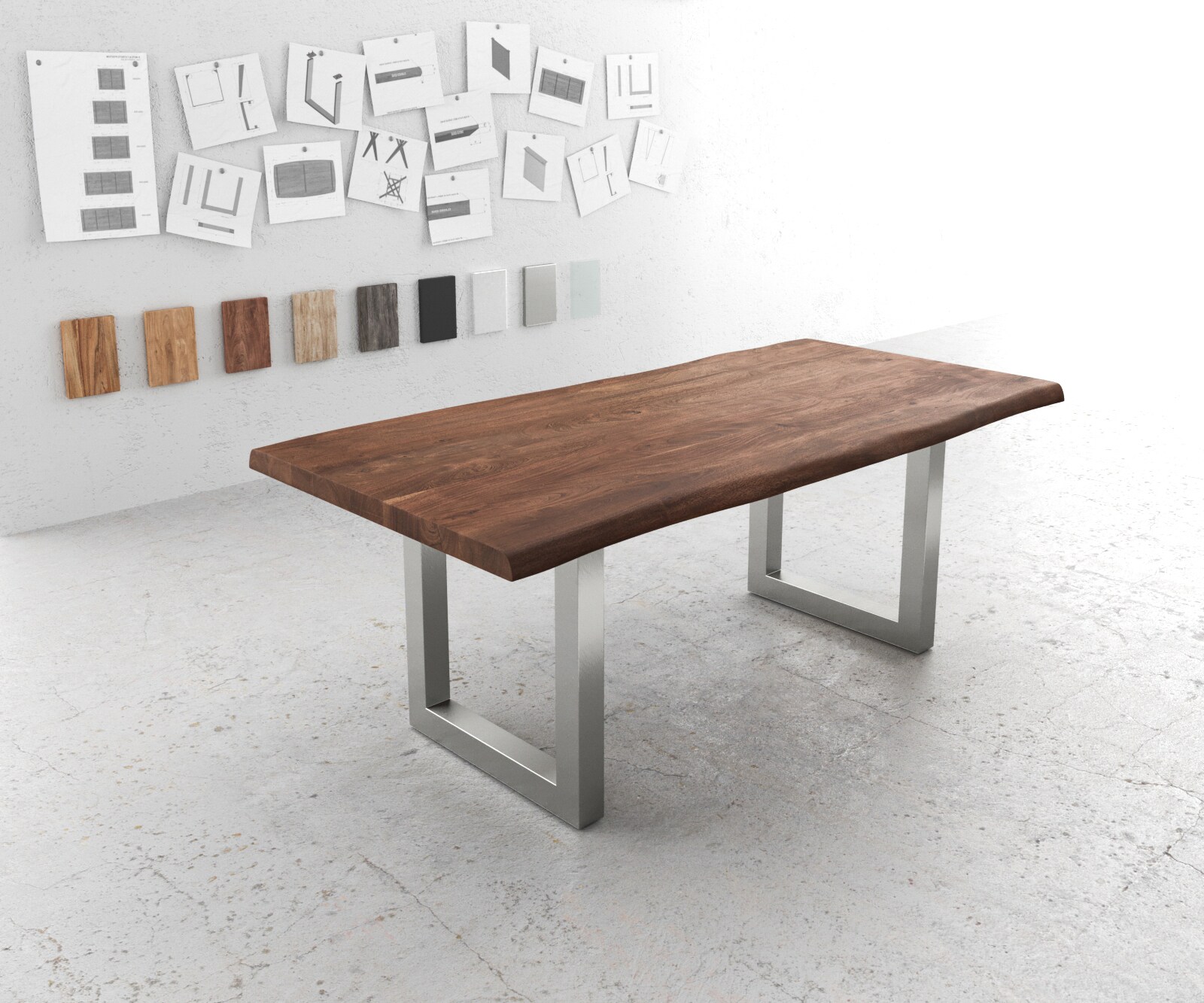 Stół do jadalni Edge 200x100 cm XL akacja brązowa stal nierdzewna szeroka rama live-edge