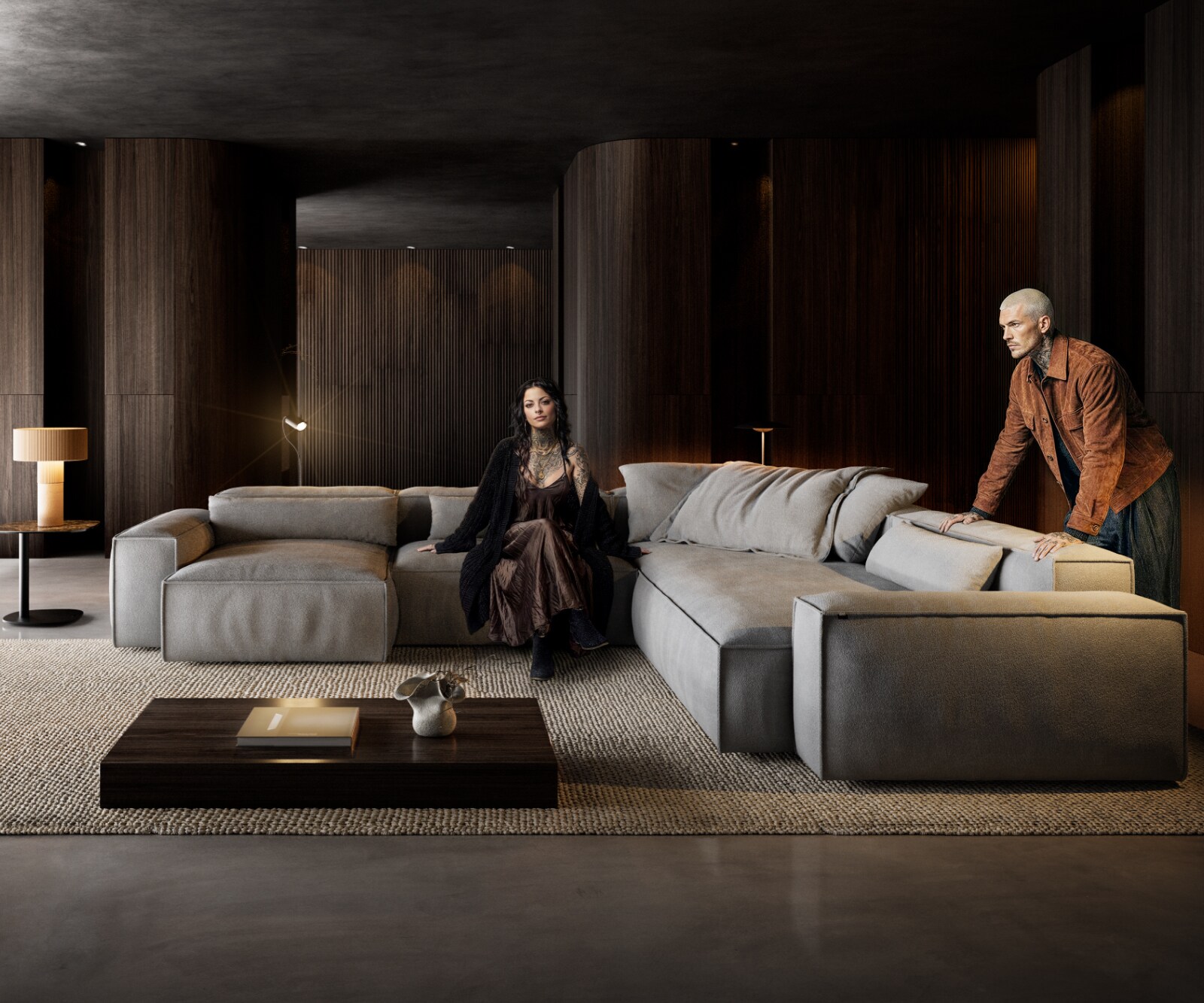 Sofa w kształcie litery U Freestyle 360x290 cm miękka tkanina strukturalna szara z lamówką 2