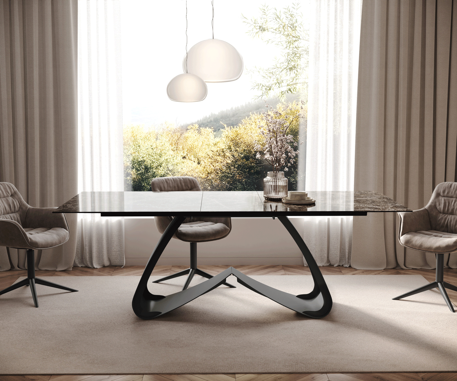 Stół do jadalni Edge 180-220x100cm ceramika Laminam® Emperador Extra Lucidato ciemnobrązowy rama W czarny rozkładany 1