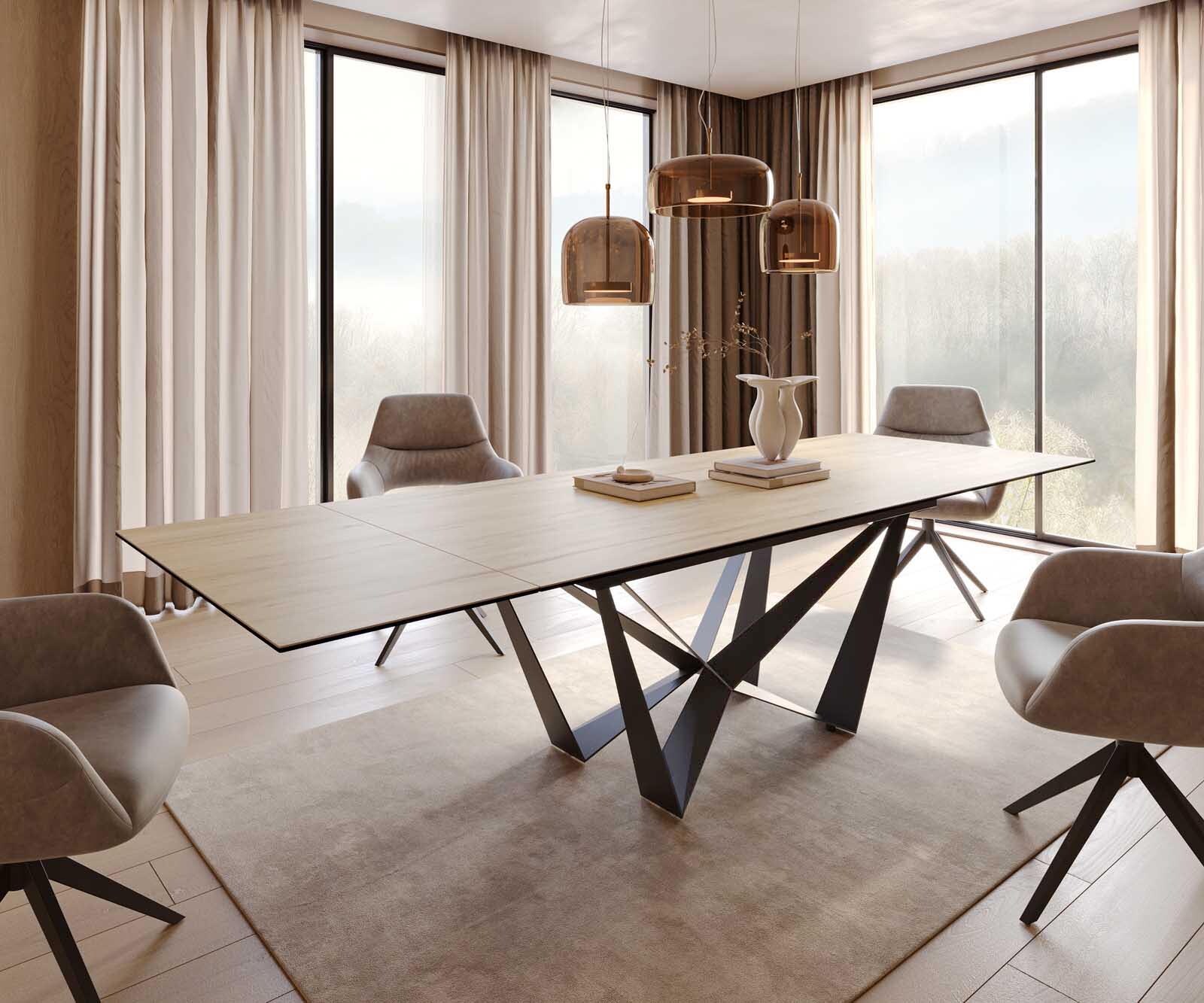 Stół do jadalni Edge 200-300x100 cm ceramika Laminam® Sabbia kolor dębu rama Spider metal czarna rozkładany 1