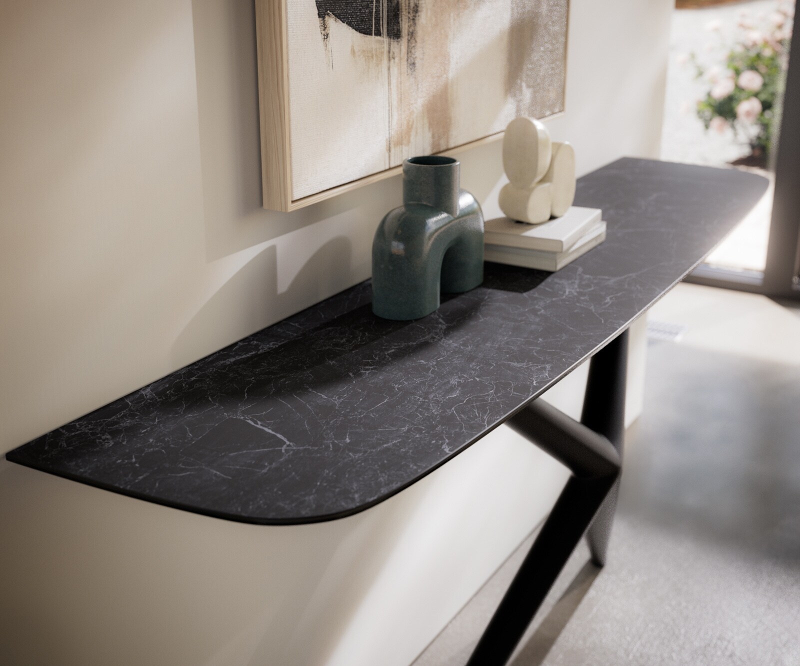 Konsola Edge w kształcie beczki 180x40 cm Laminam® Nero Greco antracytowa rama Estelo metal czarny 2