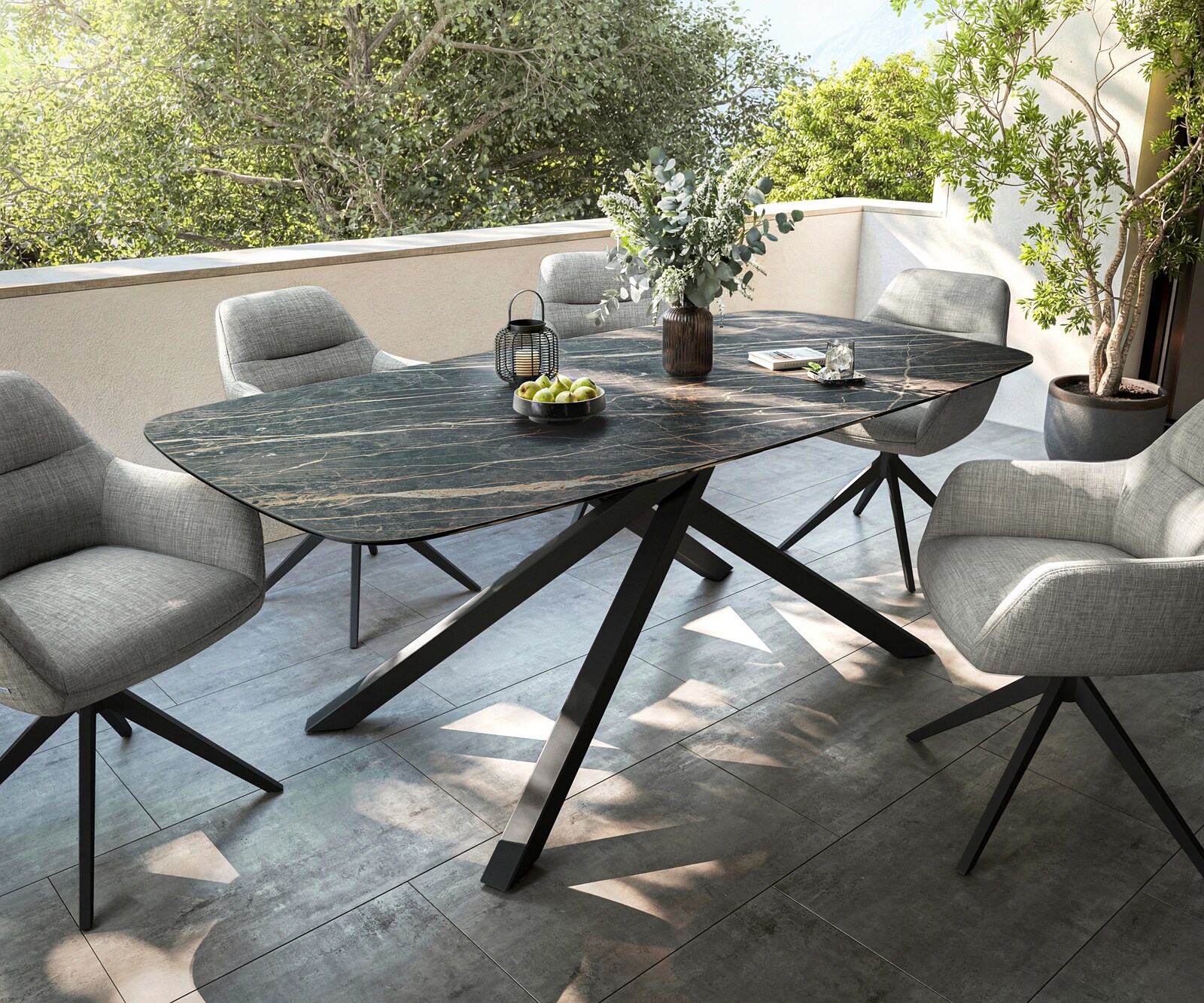 Stół ogrodowy Edge w kształcie beczki 200x100 cm ceramika Laminam® Noir Desir brązowa rama Cross metal czarny