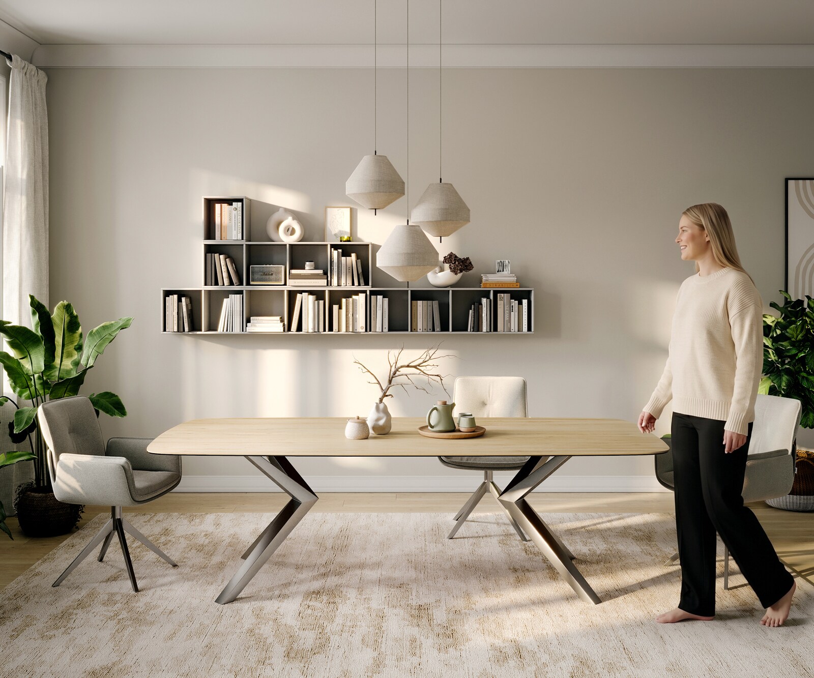 Stół do jadalni Edge w kształcie beczki 260x120 cm ceramika Laminam® Sabbia w kolorze dębu rama Zenthara stal nierdzewna