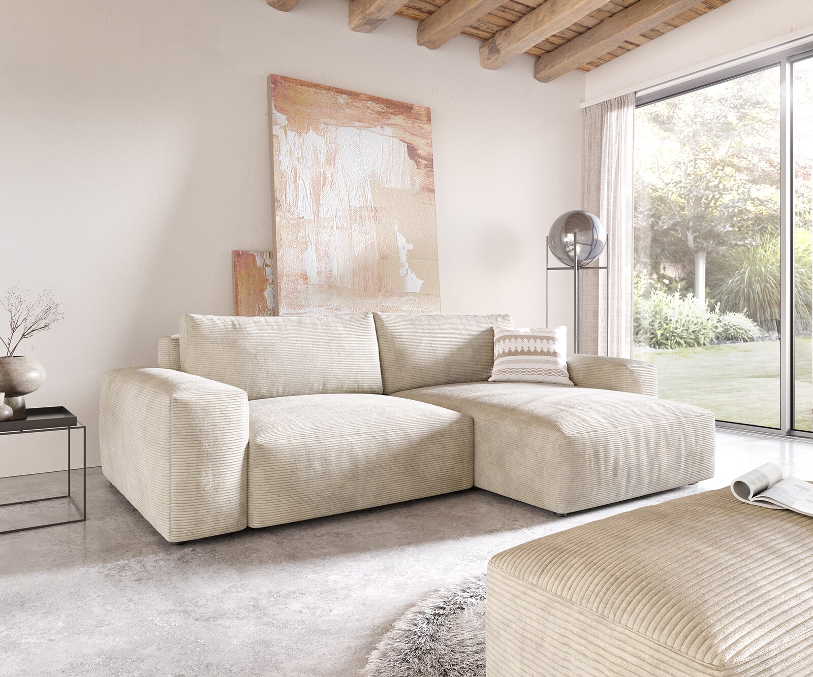 Sofa narożna Lanzo XL 270x180cm sztruks beżowy szezlong z możliwością zmiennego ustawienia z pufem